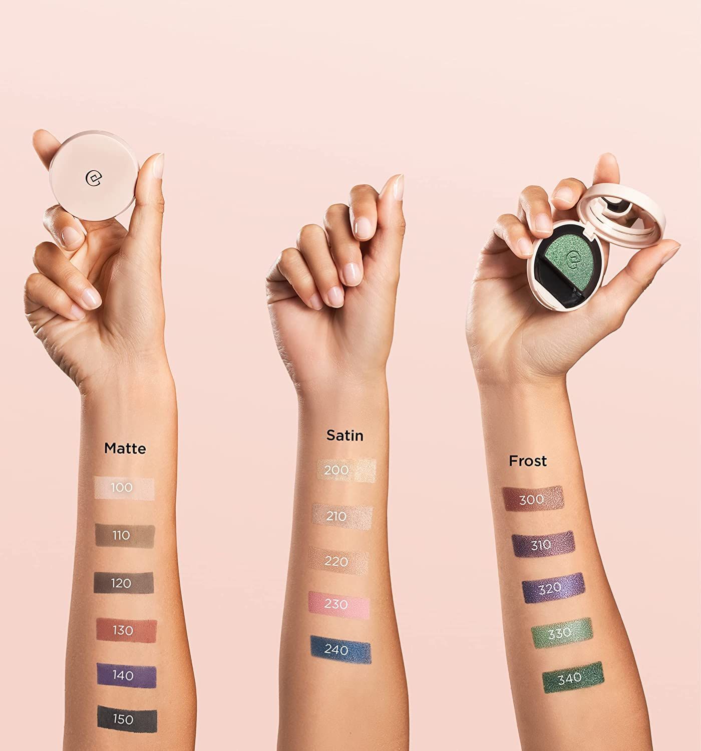 Drei Arme mit Ombretto Compatto Impeccabile-Farben. Farben: hell, grau, braun, rot, lila und blau. Text: Matte, Satin, Frost.