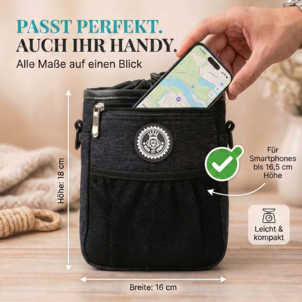 Schwarzer Leckerlibeutel mit Smartphone. Maße: 18 cm hoch, 16 cm breit. Text: Für Smartphones bis 16,5 cm Höhe.