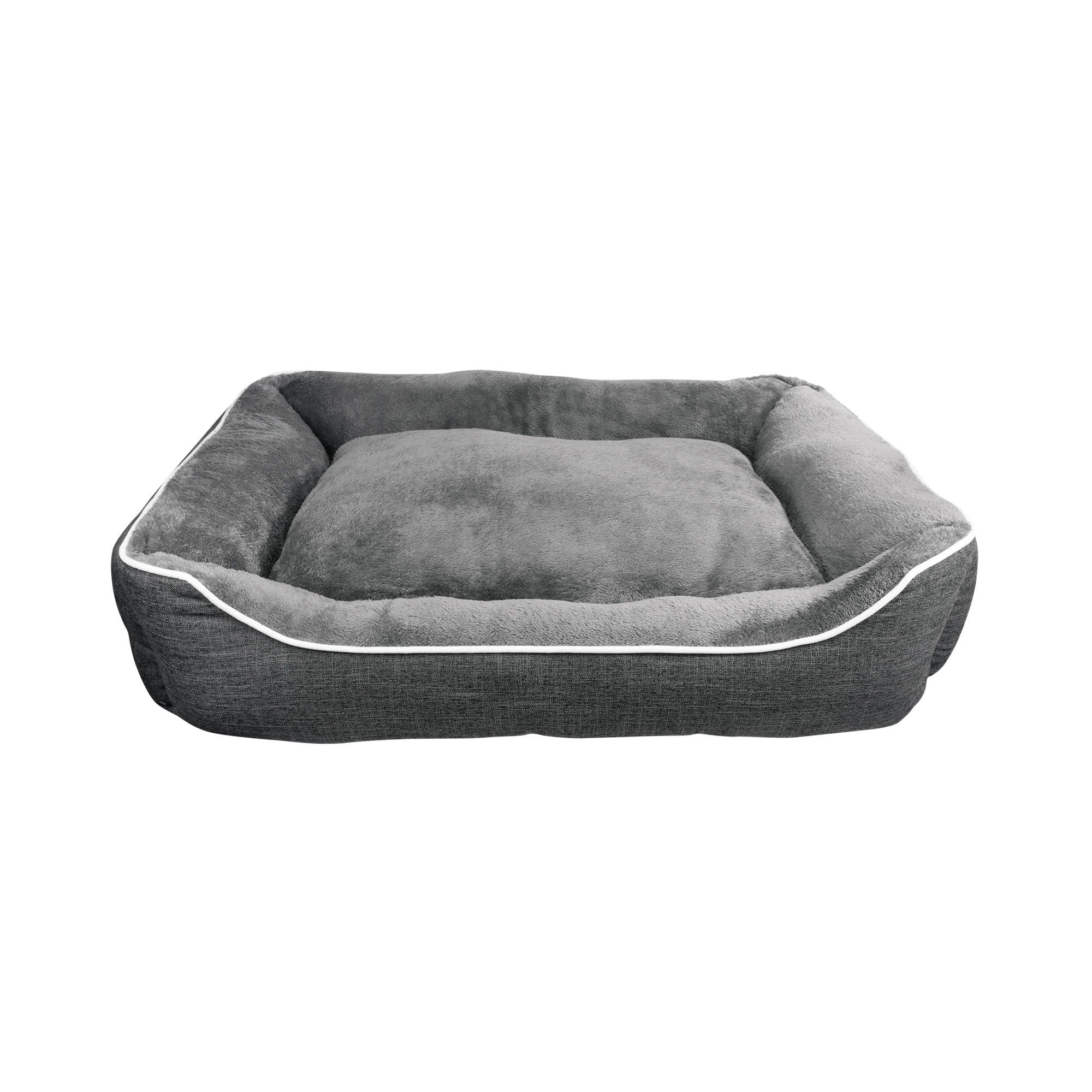 Eckiges Hundebett, grau, mit weißem Rand. Innen weicher Stoff, außen Leinenoptik. Rechteckige Form.