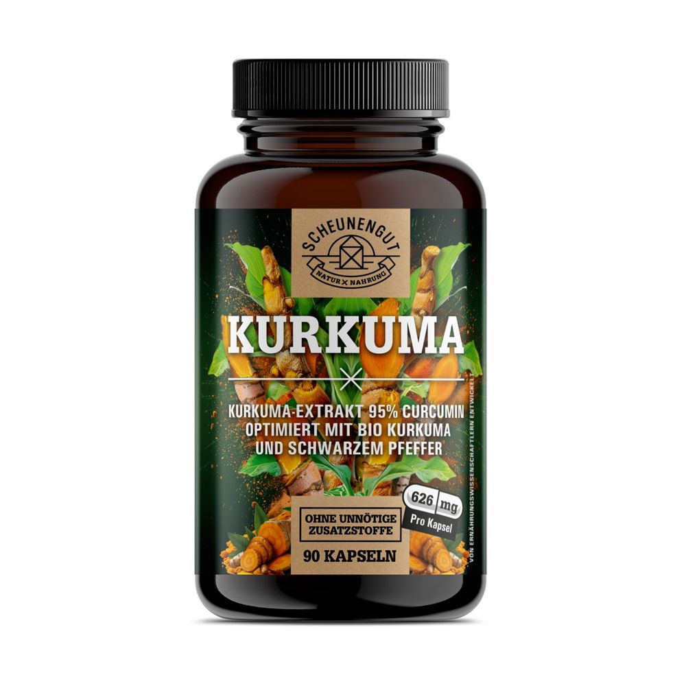 Braune Glasflasche mit 90 Kurkuma-Kapseln, optimiert mit Piperin. Enthält 626 mg pro Kapsel.