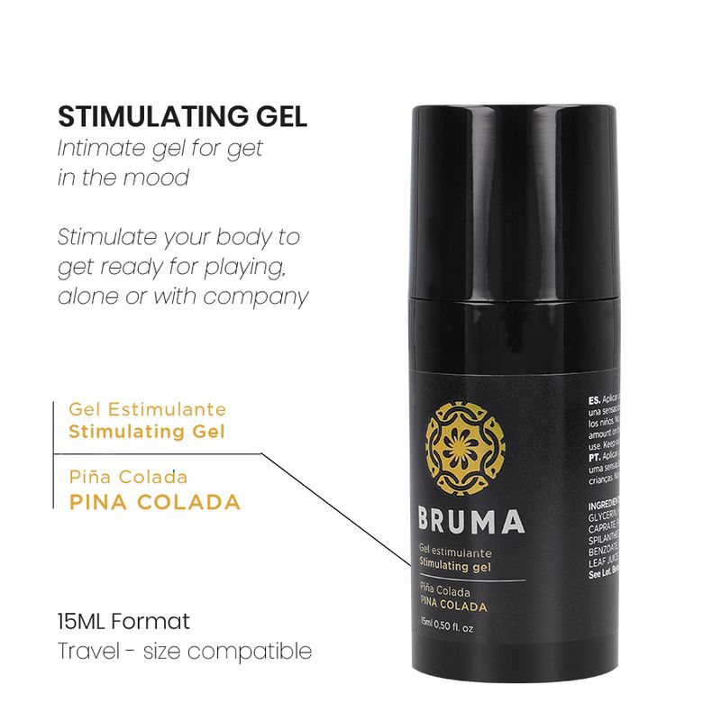 Schwarze Flasche mit Aufschrift BRUMA. Gel mit Pina Colada-Geschmack. 15 ml Format. Text: Stimulierendes Gel. Reiseformat.