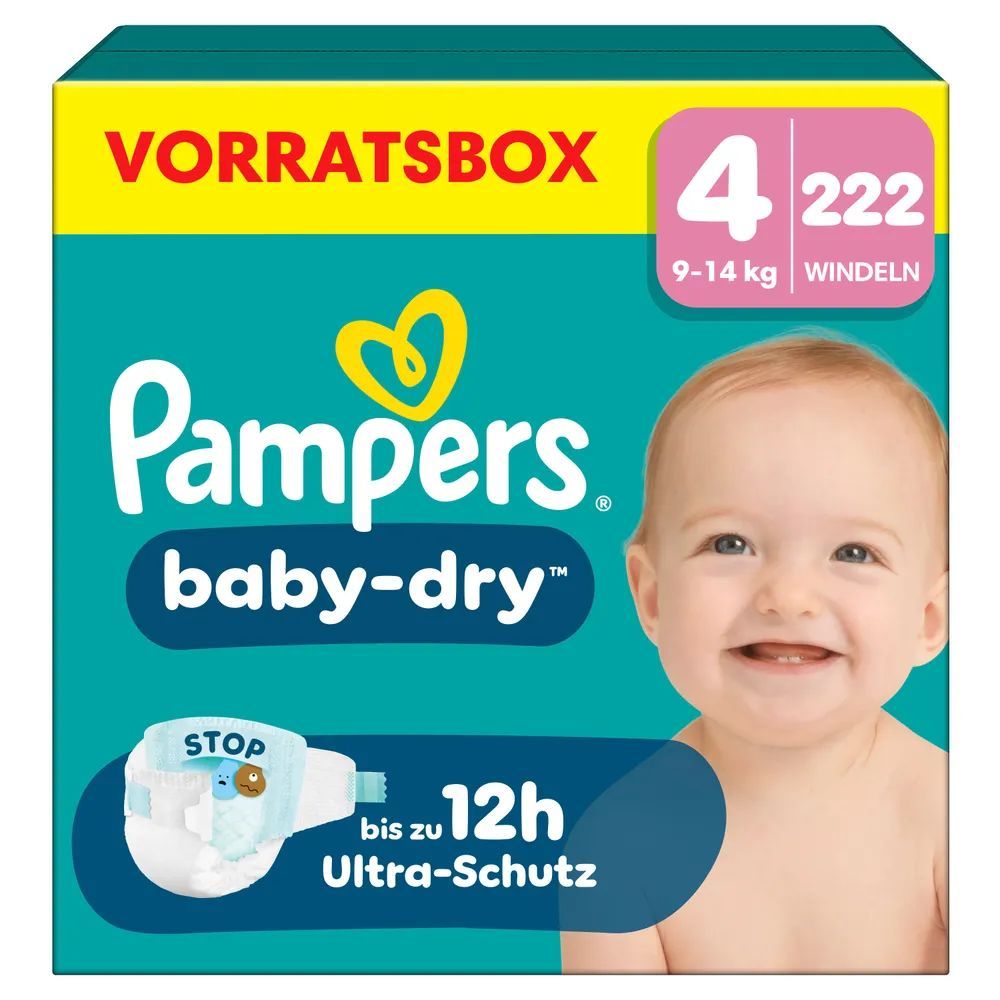 Pampers Baby-Dry Windeln, Größe 4, 222 Stück, 9-14 kg. Packung mit Baby-Gesicht und Windel-Detail.