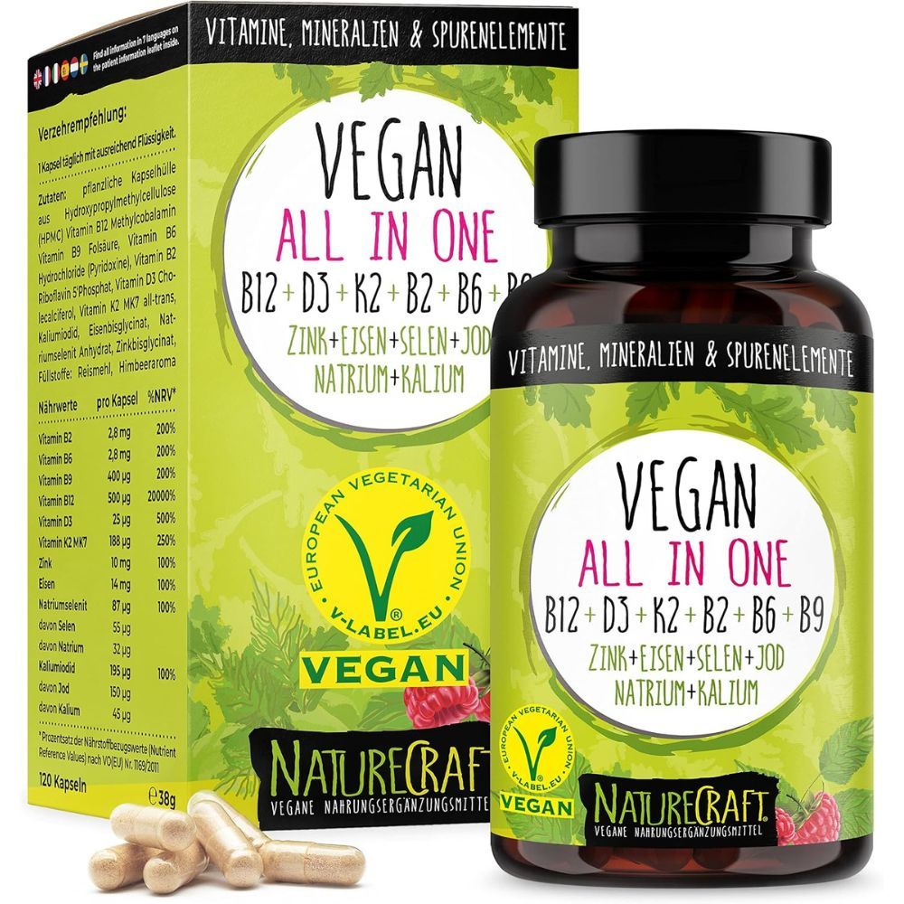 Verpackung und Dose mit veganen All-In-One-Kapseln, Beeren und V-Label.