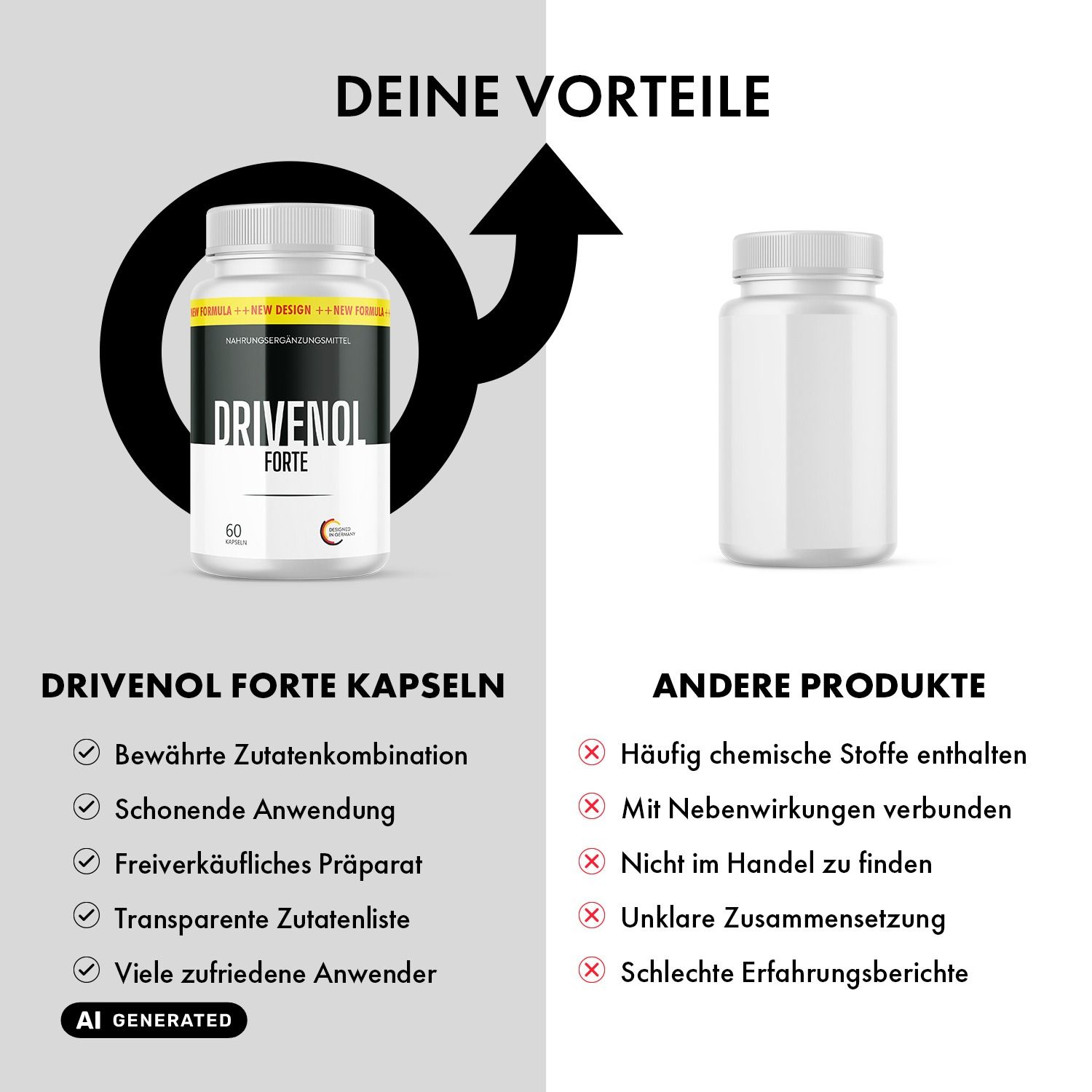 Vergleich von Alpha Edge Forte Drive Kapseln mit anderen Produkten, mit Pfeil.