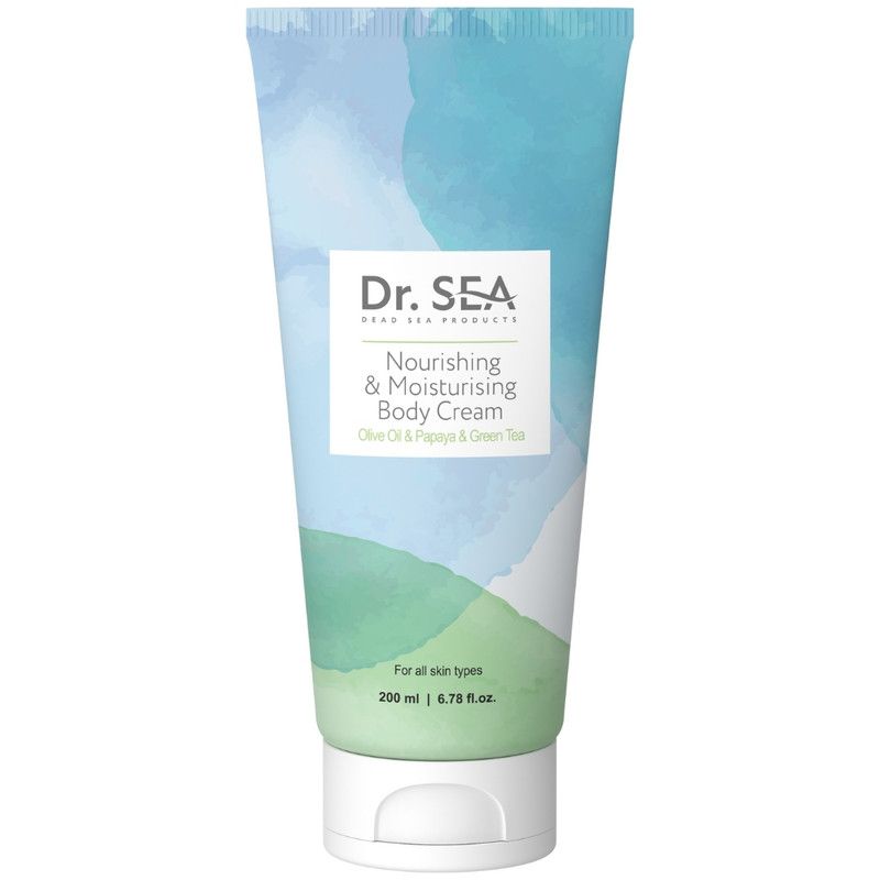 Creme-Tube mit Aufschrift „Dr. SEA“. Text: „Nourishing & Moisturising Body Cream“. Farbe: Blau, Weiß, Grün. 200 ml.