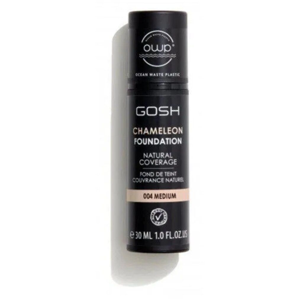 GOSH Chameleon Foundation, Natural Coverage, 004 Medium. Schwarze Tube mit Produktinformationen und Zertifizierung.
