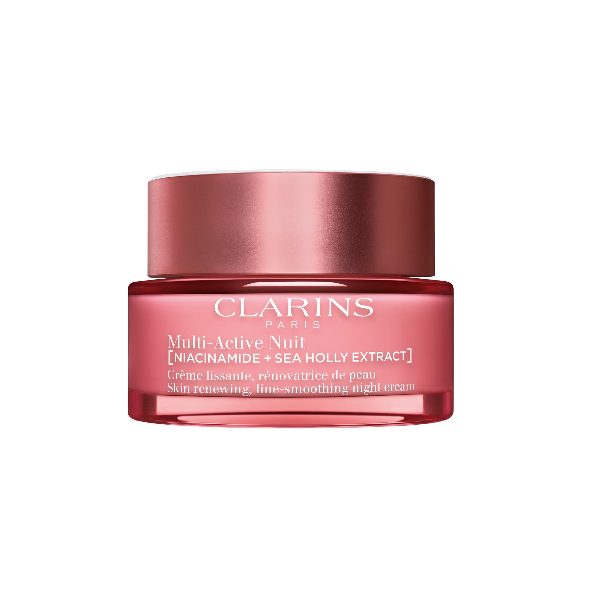Rosa Tiegel mit Deckel. Aufschrift: Clarins Paris, Multi-Active Nuit, Crème lissante, rénovatrice de peau.
