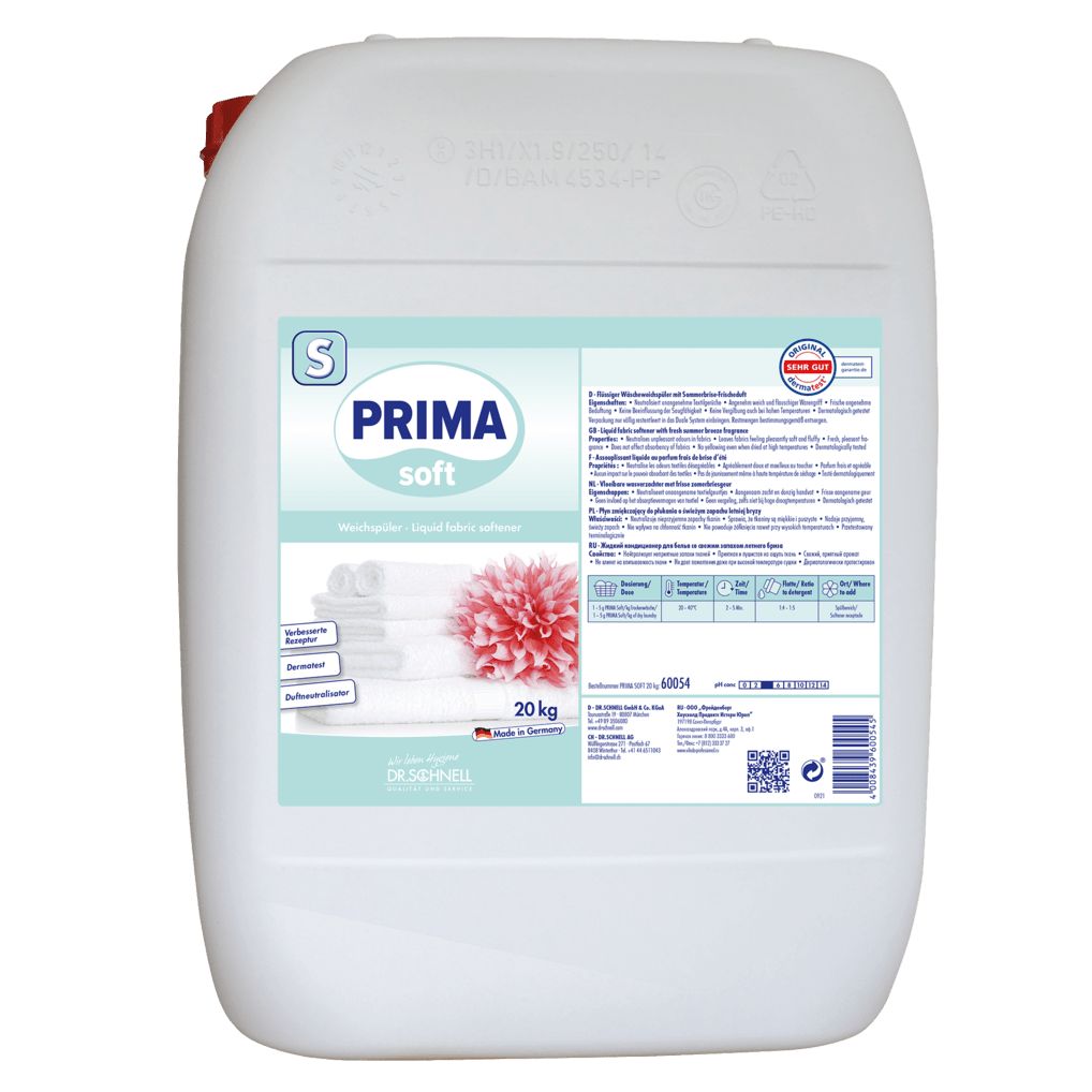 Weichspüler-Kanister. PRIMA soft, 3-fach Wirkung. Weißer Kanister mit rotem Deckel. Aufdruck mit Produktinformationen und Logo.