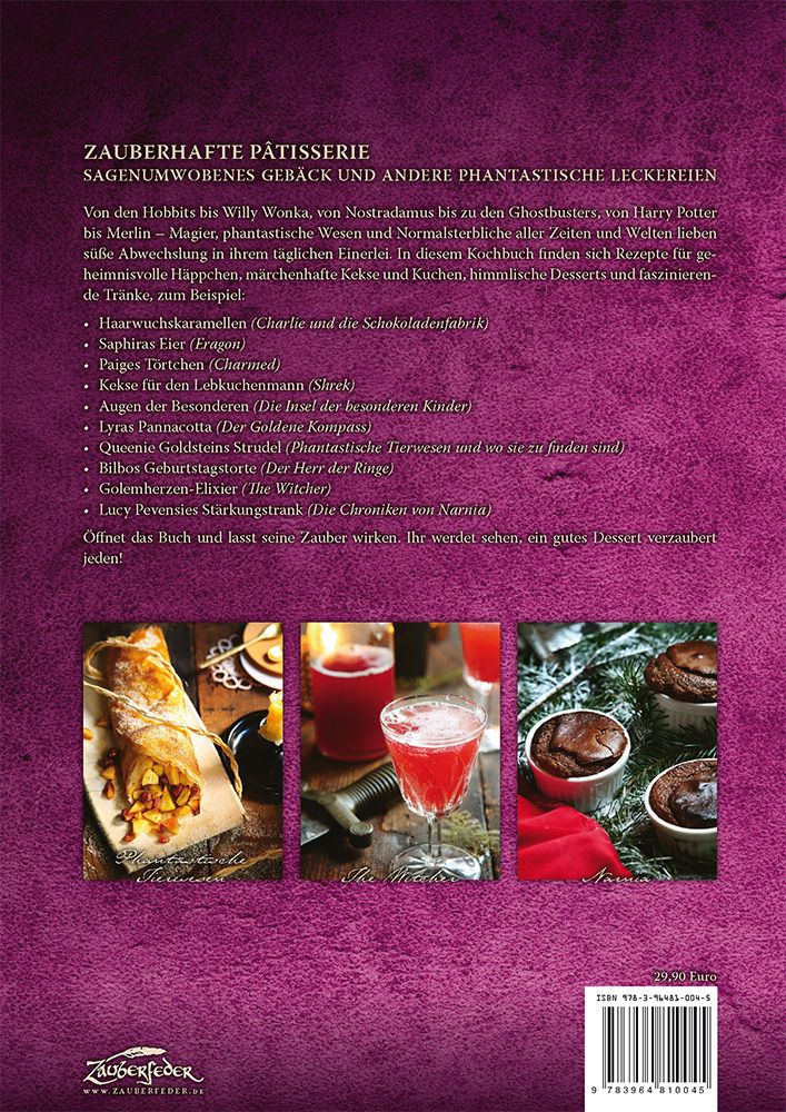 Buchrückseite: Zauberhafte Pâtisserie. Lila Hintergrund, Text, Dessert-Fotos, ISBN, Verlagslogo.