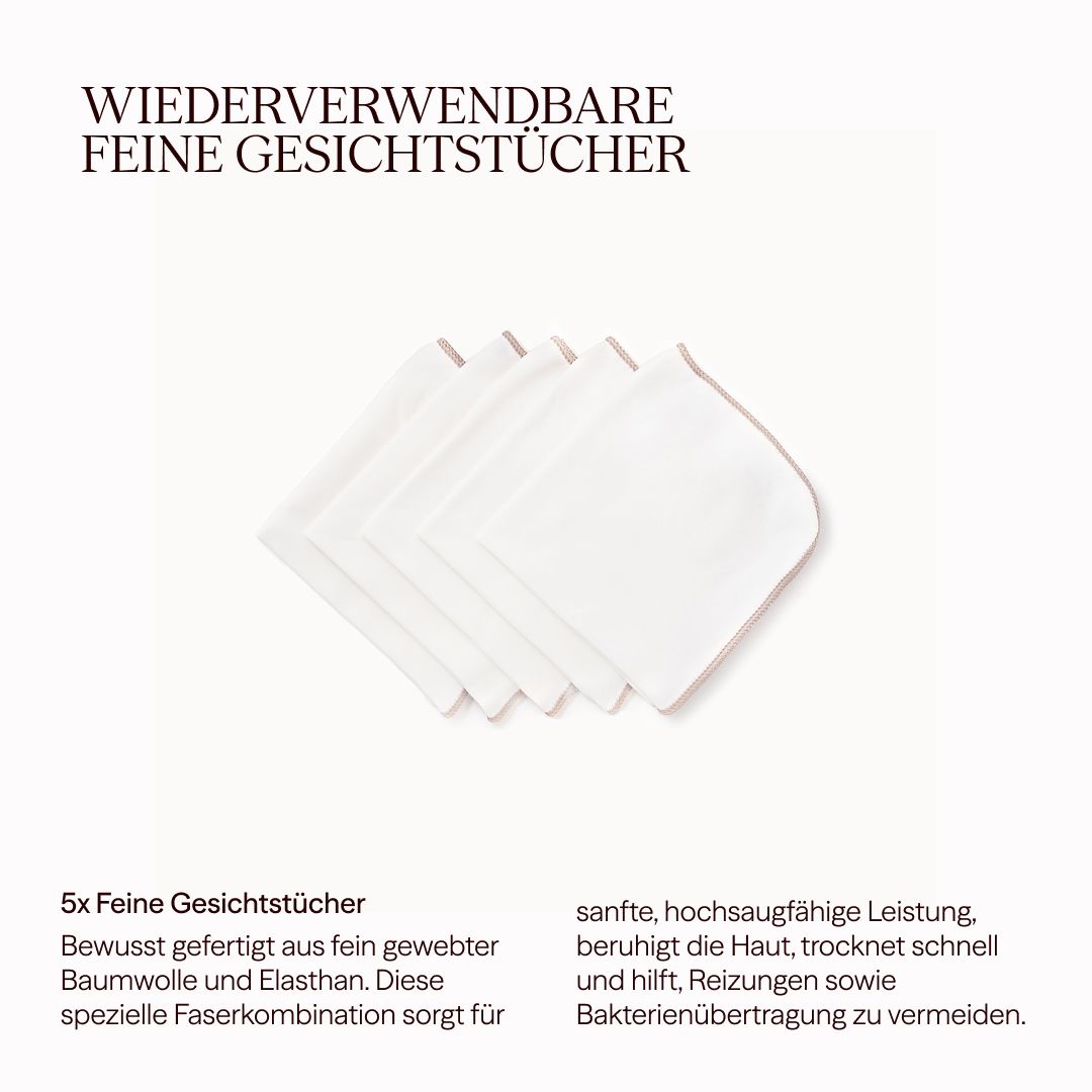 Fünf weiße, quadratische Tücher. Text: Wiederverwendbare feine Gesichtstücher. 5x feine Gesichtstücher.