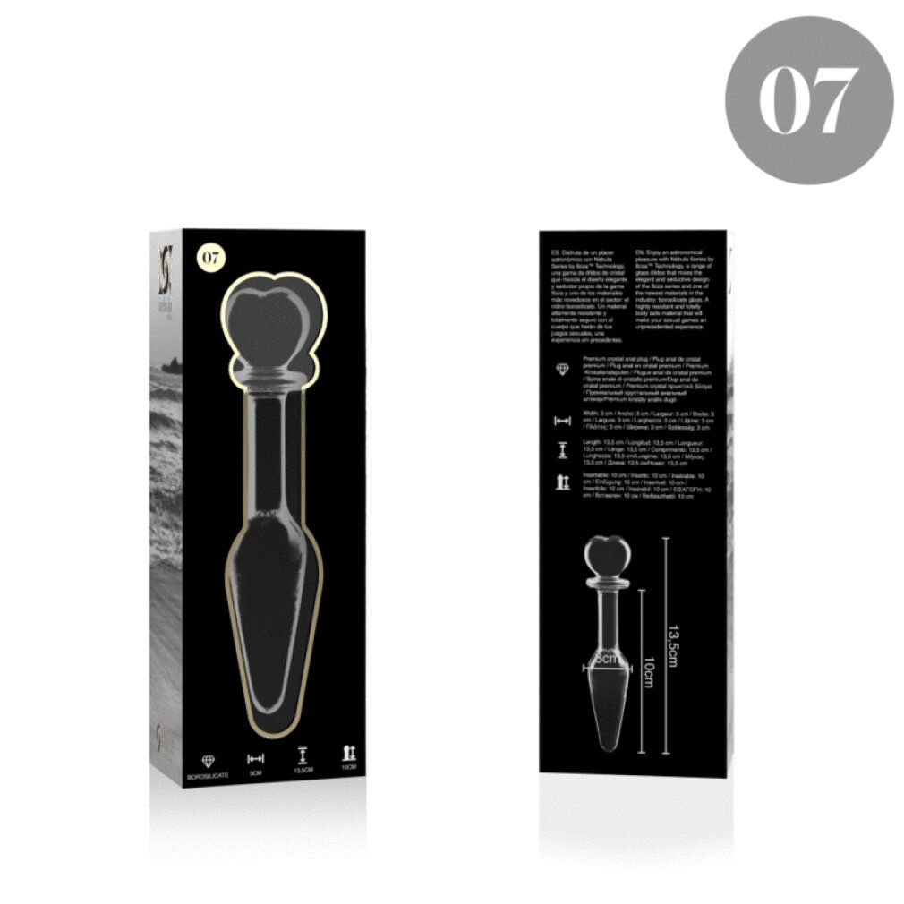 Glas-Analplug mit Herzgriff, 13,5cm lang, 3cm breit.