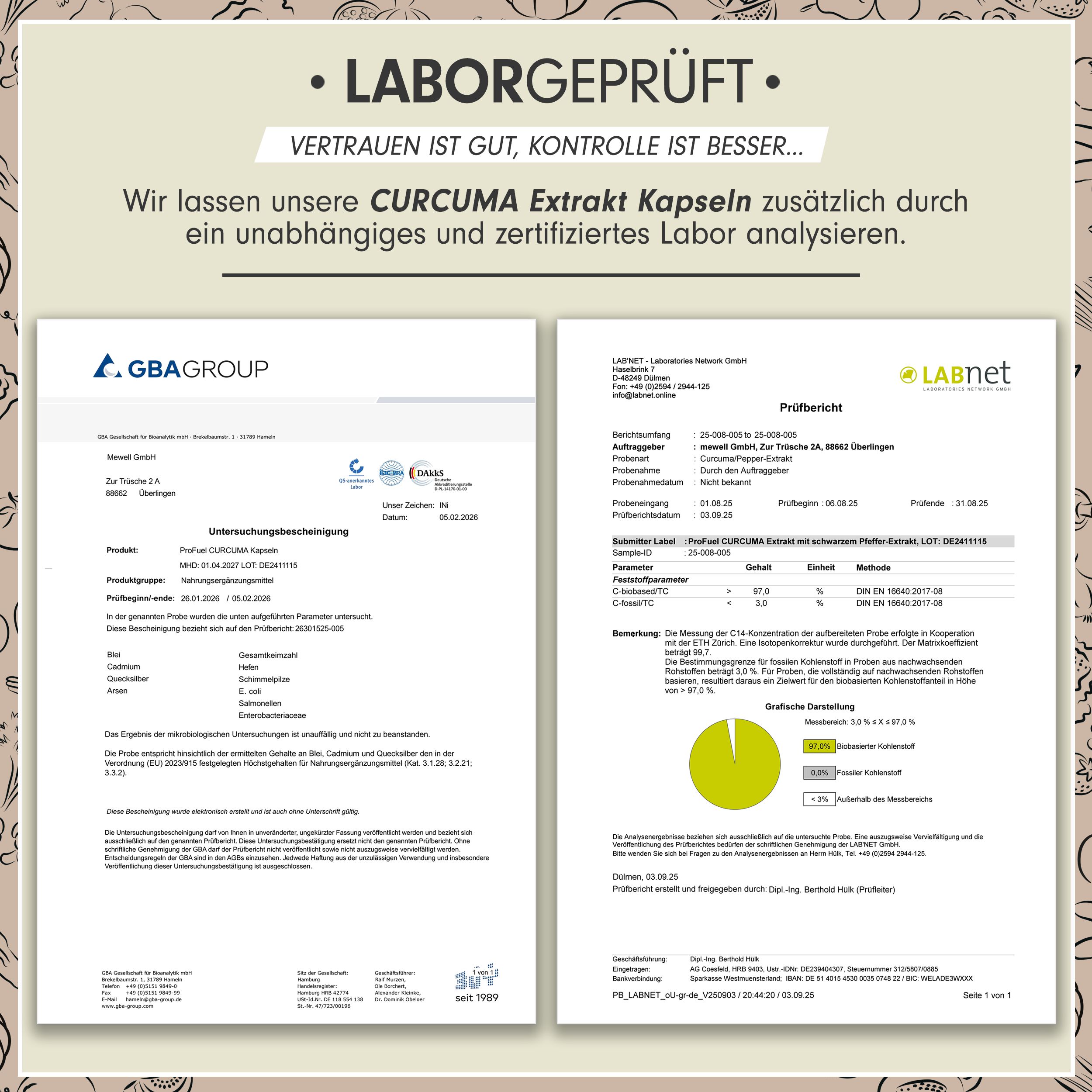 Verpackungsetikett für Curcuma Extrakt Kapseln mit Pfefferextrakt, 90 Kapseln, 100% vegan.