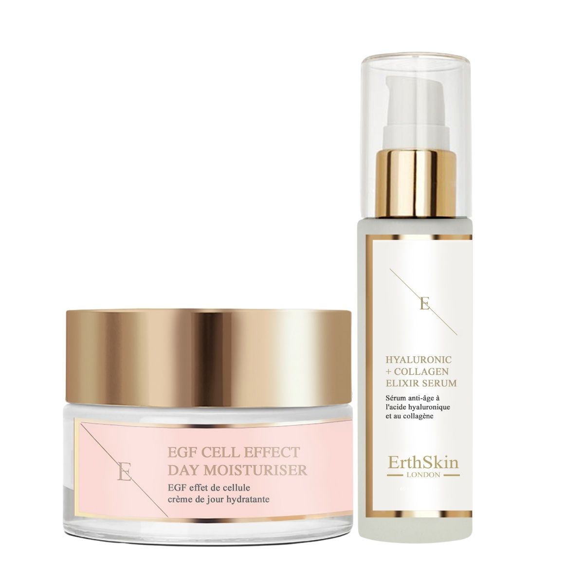 ErthSkin Tagesfeuchtigkeitscreme und Hyaluronsäure-Kollagen-Serum. Zwei Produkte nebeneinander.
