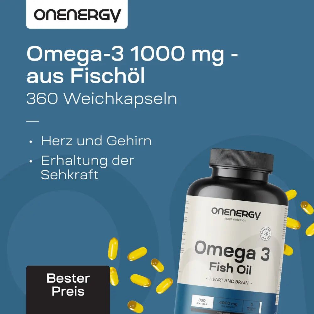 Flasche und Kapseln. Aufschrift: OnEnergy, Omega-3 1000 mg - aus Fischöl, 360 Weichkapseln. Text: Herz und Gehirn, Erhaltung der Sehkraft.