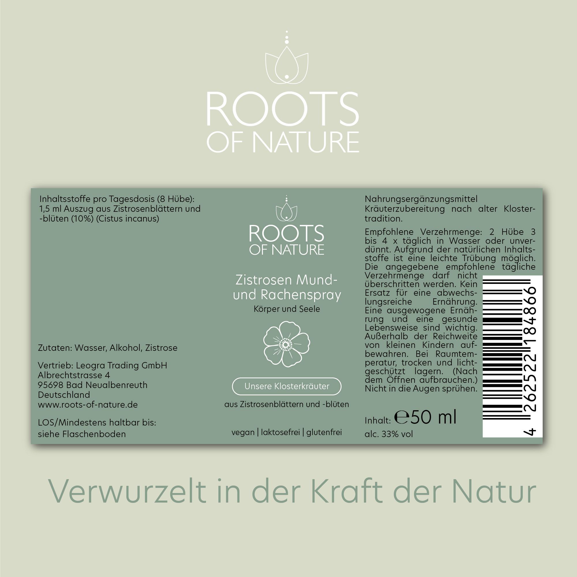 Etikett mit Produktinformationen. Produktname: Zistrosen Mund- und Rachenspray. Marke: ROOTS OF NATURE. 50 ml.