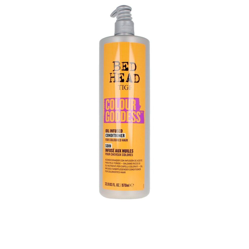 Bed Head TIGI Colour Goddess Conditioner Flasche mit Pumpspender, orangefarbenes Etikett.