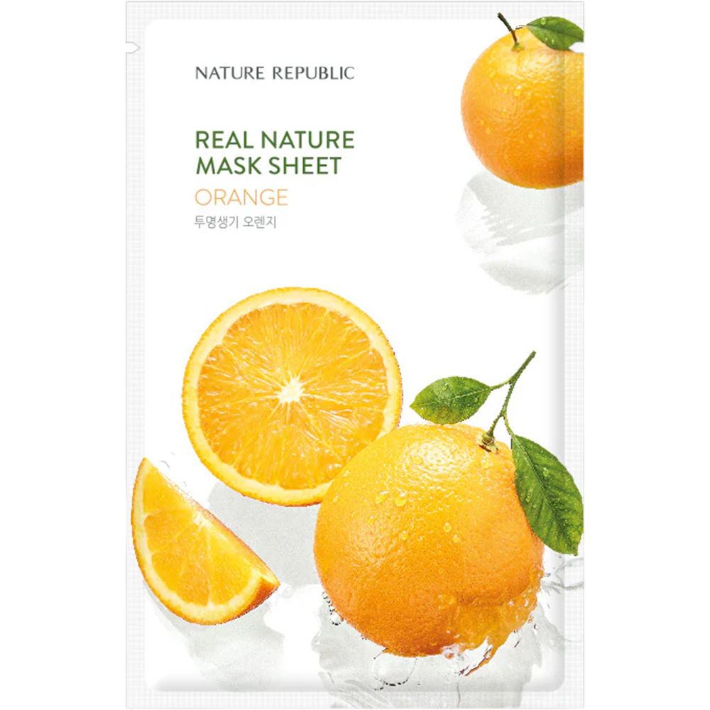 Gesichtsmaske mit Orangenmotiv und Schriftzug NATURE REPUBLIC. Abgebildet sind Orangen und eine Maske.