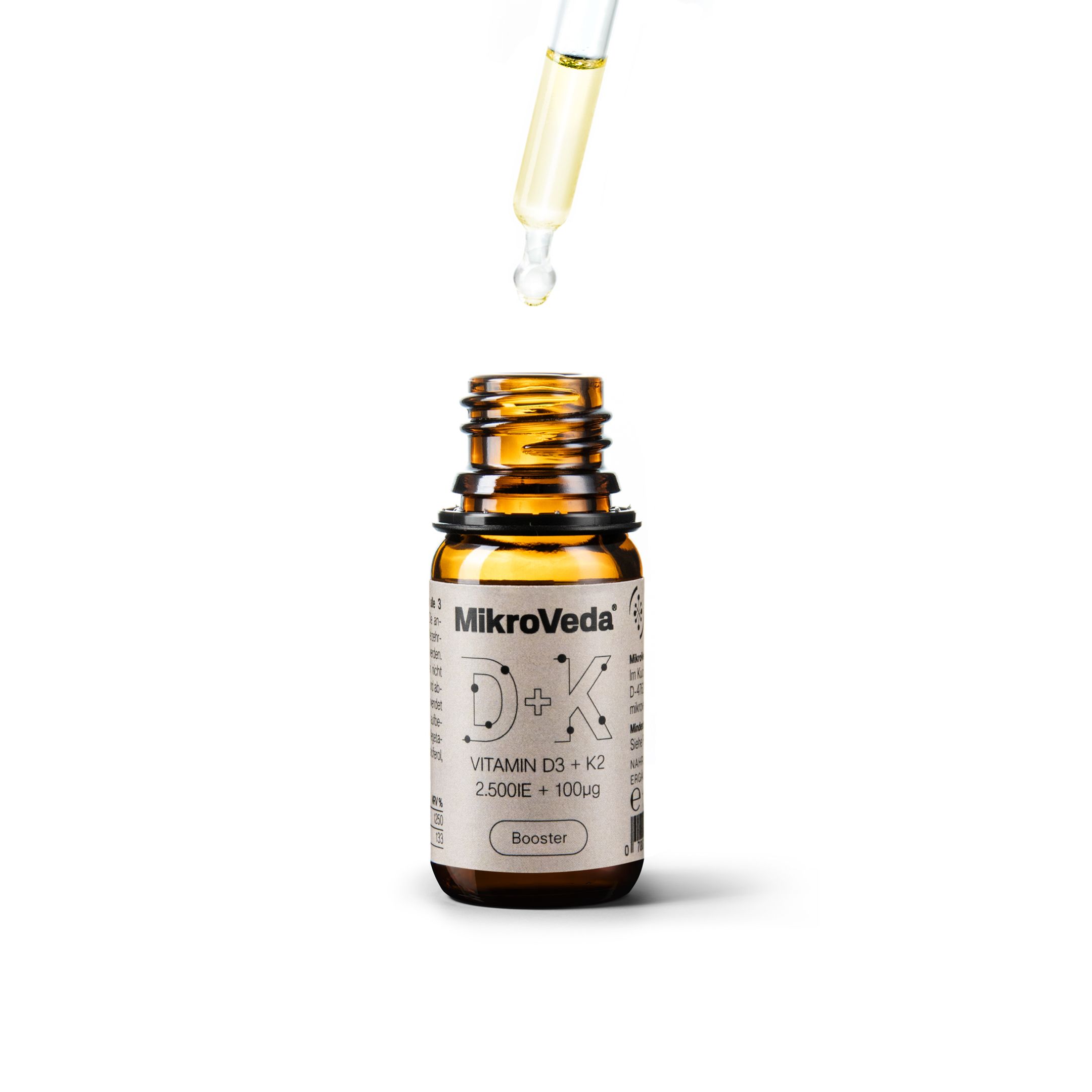 Braune Glasflasche mit Pipette, MikroVeda D+K Vitamin D3+K2 Booster.