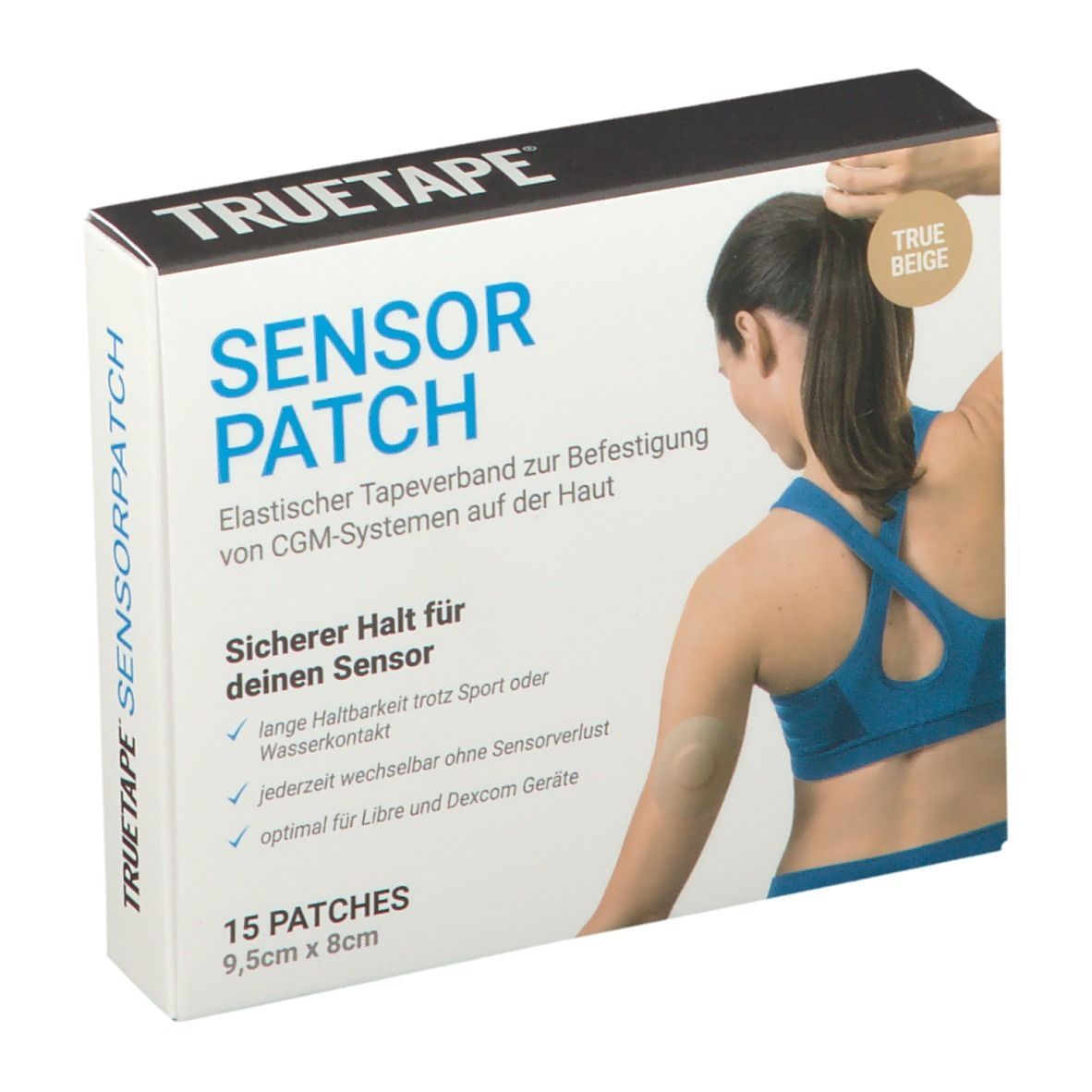 Verpackung von TRUETAPE® SENSORPATCH. Weißer Karton mit Produktname, 15 Patches, Abbildung einer Frau.