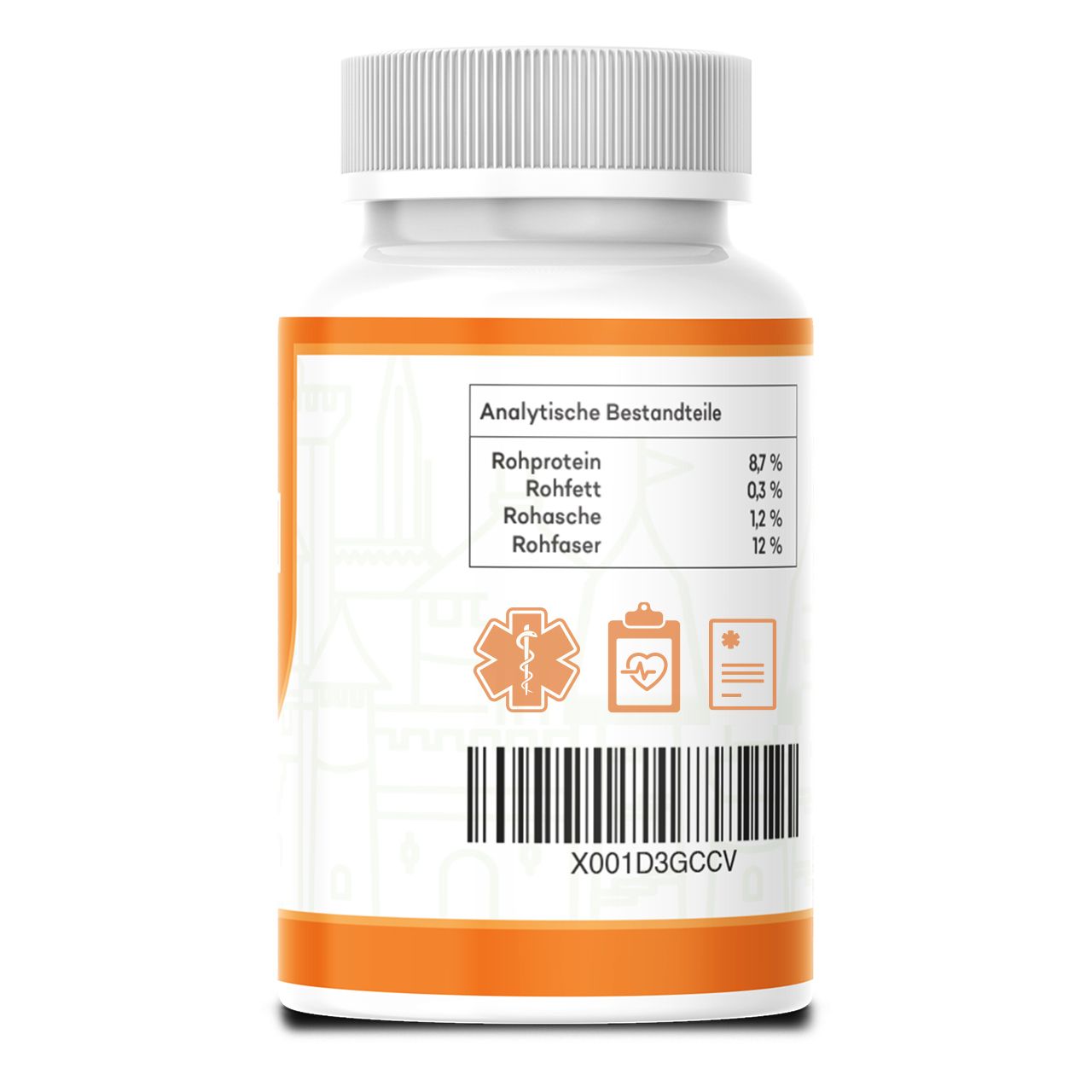 Rückseite einer weißen Flasche mit orangefarbenem Etikett. Text: Analytische Bestandteile, Barcode, medizinische Symbole, Chargennummer.