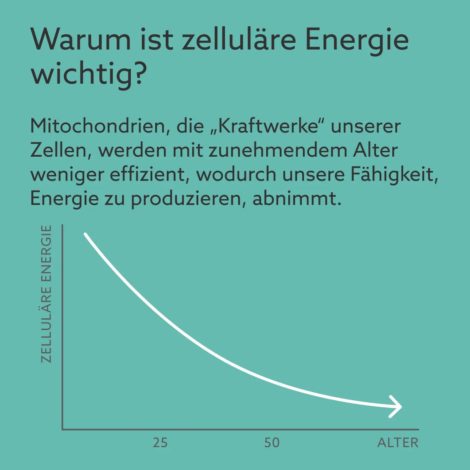 Diagramm: Zelluläre Energie nimmt mit dem Alter ab. Achse: Zelluläre Energie. Achse: Alter (25-50).