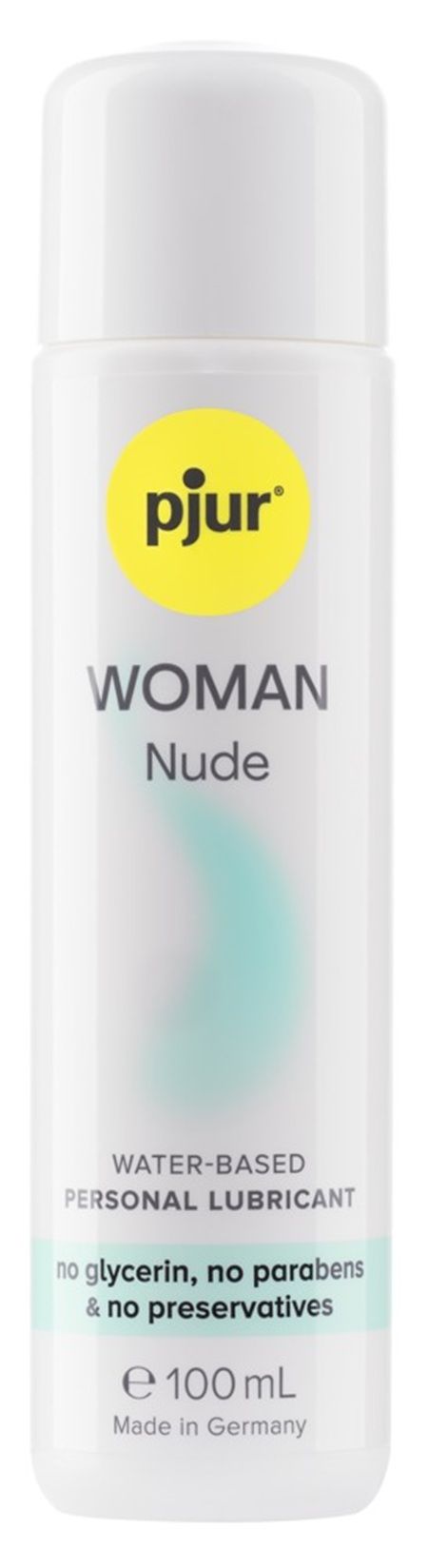 Weiße Flasche mit gelbem Logo. Aufschrift: WOMAN Nude, Wasserbasiertes Gleitmittel. Ohne Glycerin, Parabene und Konservierungsstoffe.