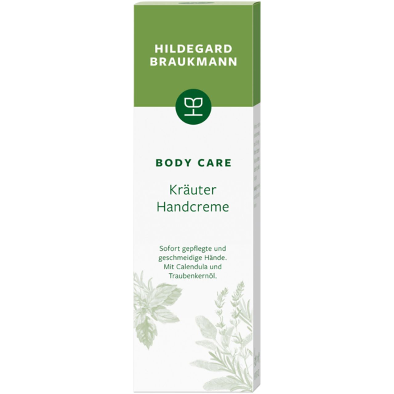 Weisse Verpackung mit grünem oberen Bereich. Beschriftung: Hildegard Braukmann, Body Care, Kräuter Handcreme. Illustrationen.