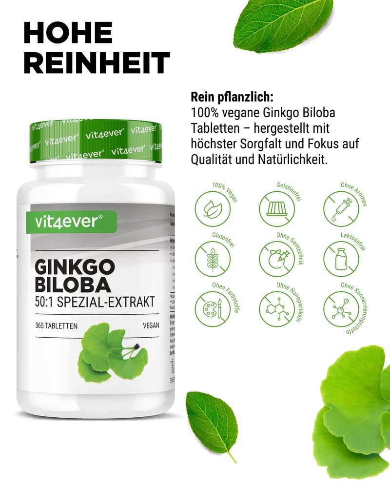 Vit4ever Ginkgo Biloba 6000 mg Flasche mit Reinheits- und Vegan-Symbolen.
