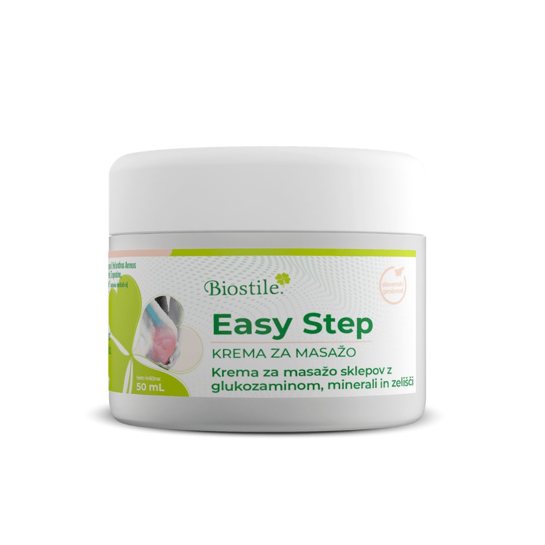 Creme-Dose mit weißem Deckel. Aufschrift: Biostile Easy Step. Text: Krema za masažo sklepov z glukozaminom, minerali in zelišči.