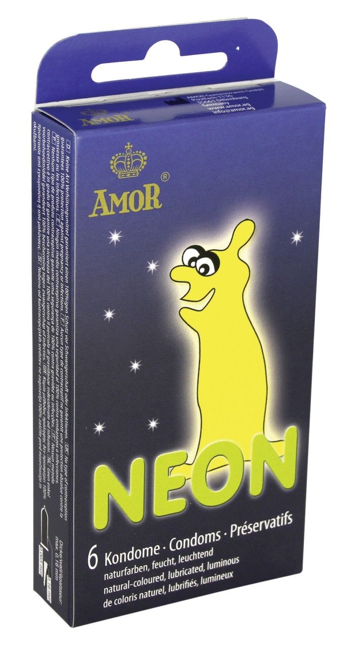 Kondom-Schachtel, Amor Neon. Enthält 6 Kondome. Gelbe Figur auf blauem Hintergrund. Text in Deutsch, Englisch und Französisch.