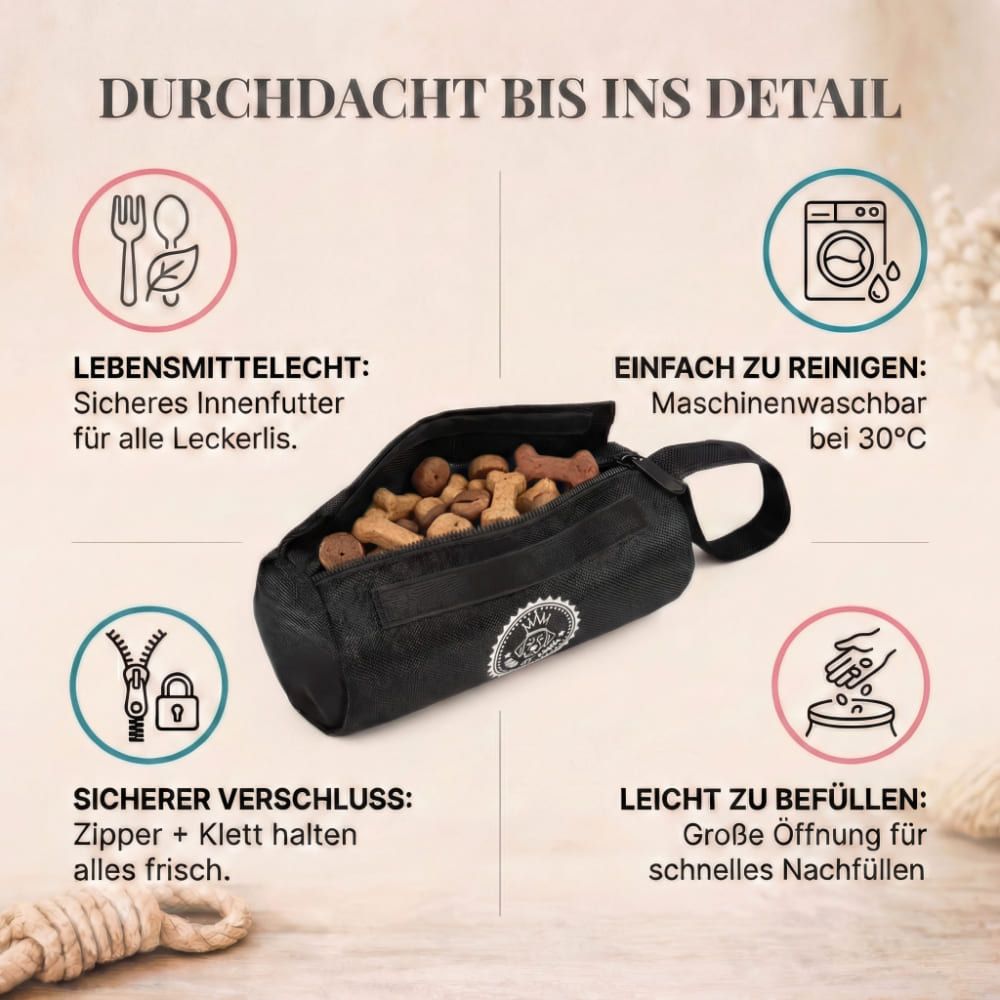 Schwarzer Futterbeutel mit Reißverschluss und Logo. Text: LEBENSMITTELRECHT, EINFACH ZU REINIGEN, SICHERER VERSCHLUSS, LEICHT ZU BEFÜLLEN.