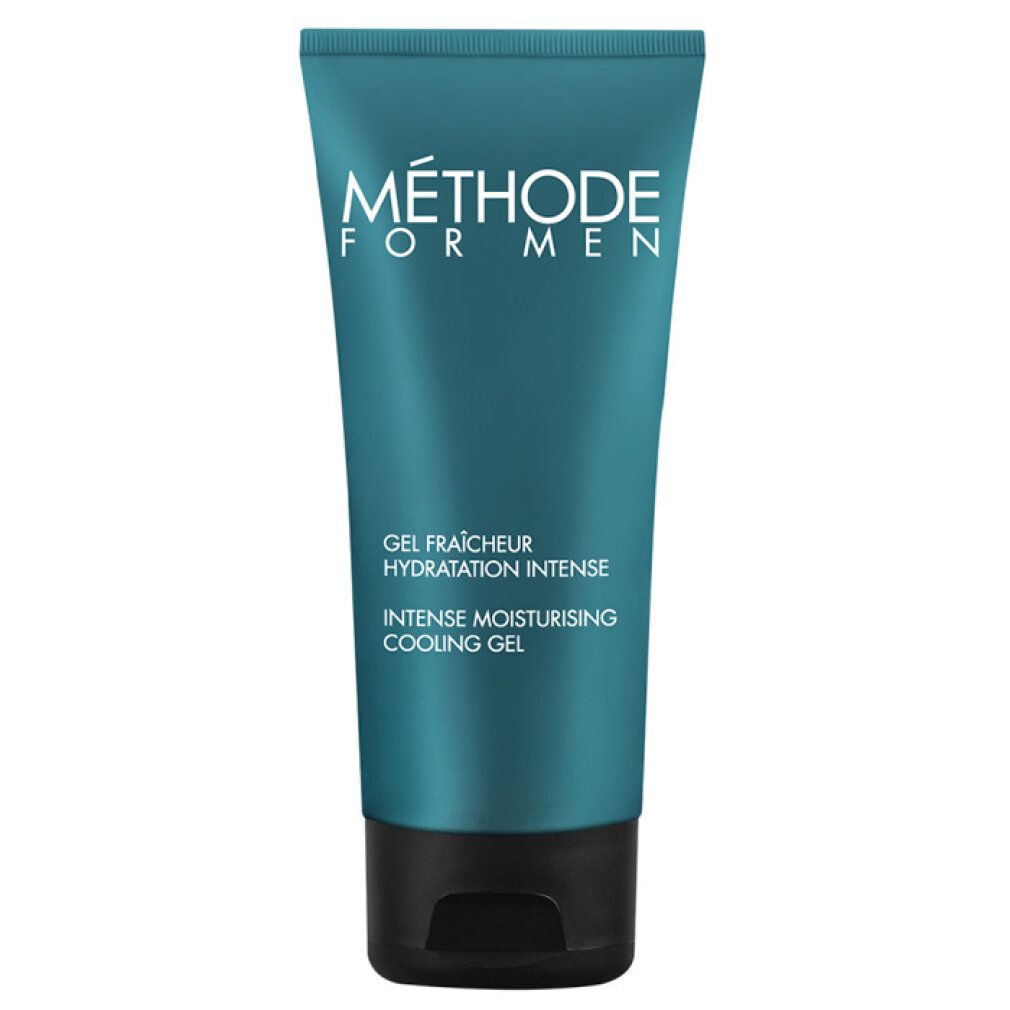 Türkise Tube mit 'Méthode For Men' und 'Intense Moisturising Cooling Gel' Aufschrift.