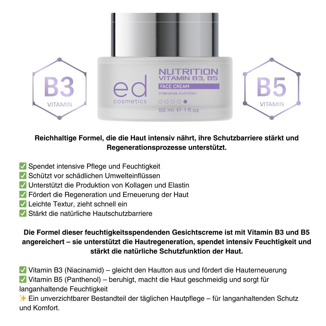 ED COSMETICS Nutrition B3 B5 Creme – Pﬁgmentflecken-Behandlung & Hautregeneration kenbehandlung
