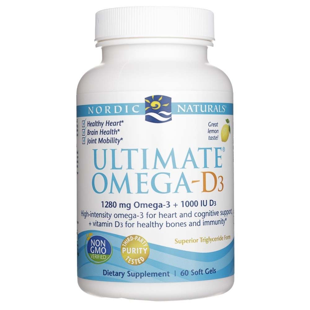 Flasche Nordic Naturals Ultimate Omega-D3 mit 60 Soft Gels, Non-GMO und Third-Party Purity Tested.