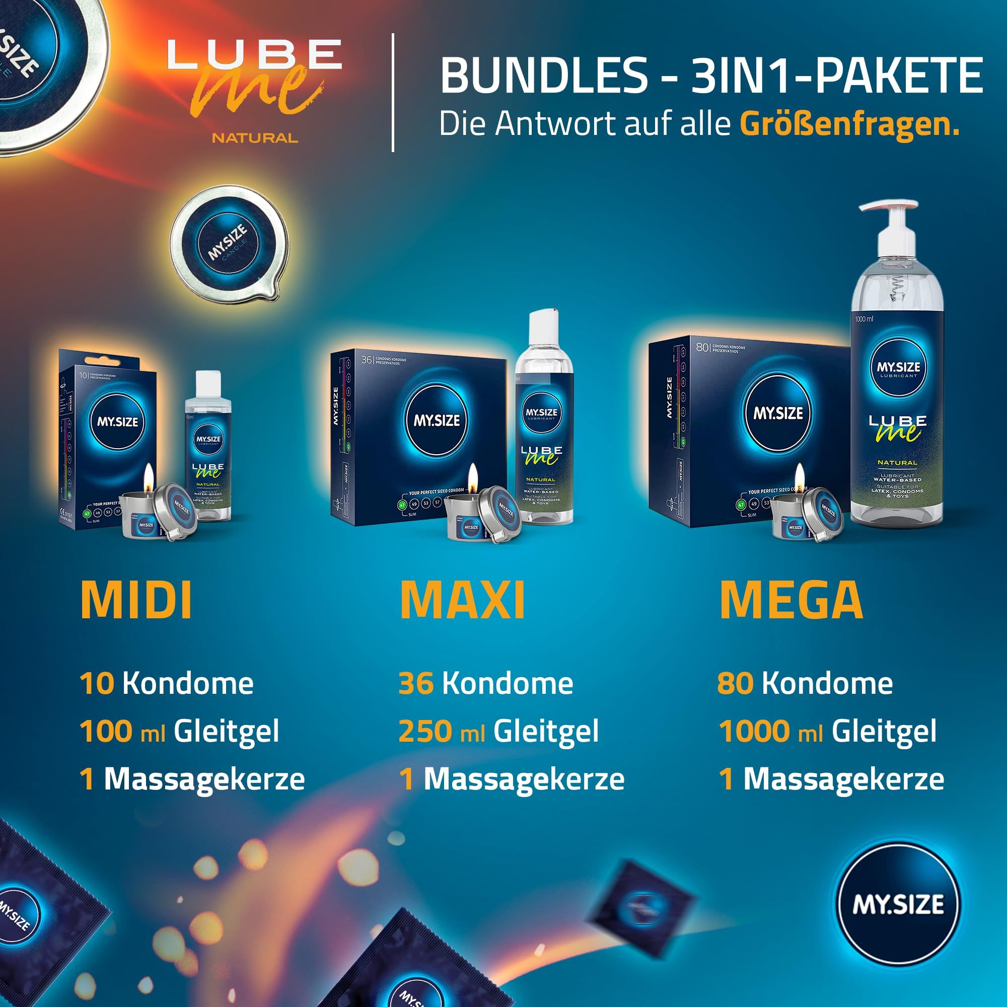 Drei Bundles mit Kondomen, Gleitgel und Massagekerzen: MIDI, MAXI, MEGA.