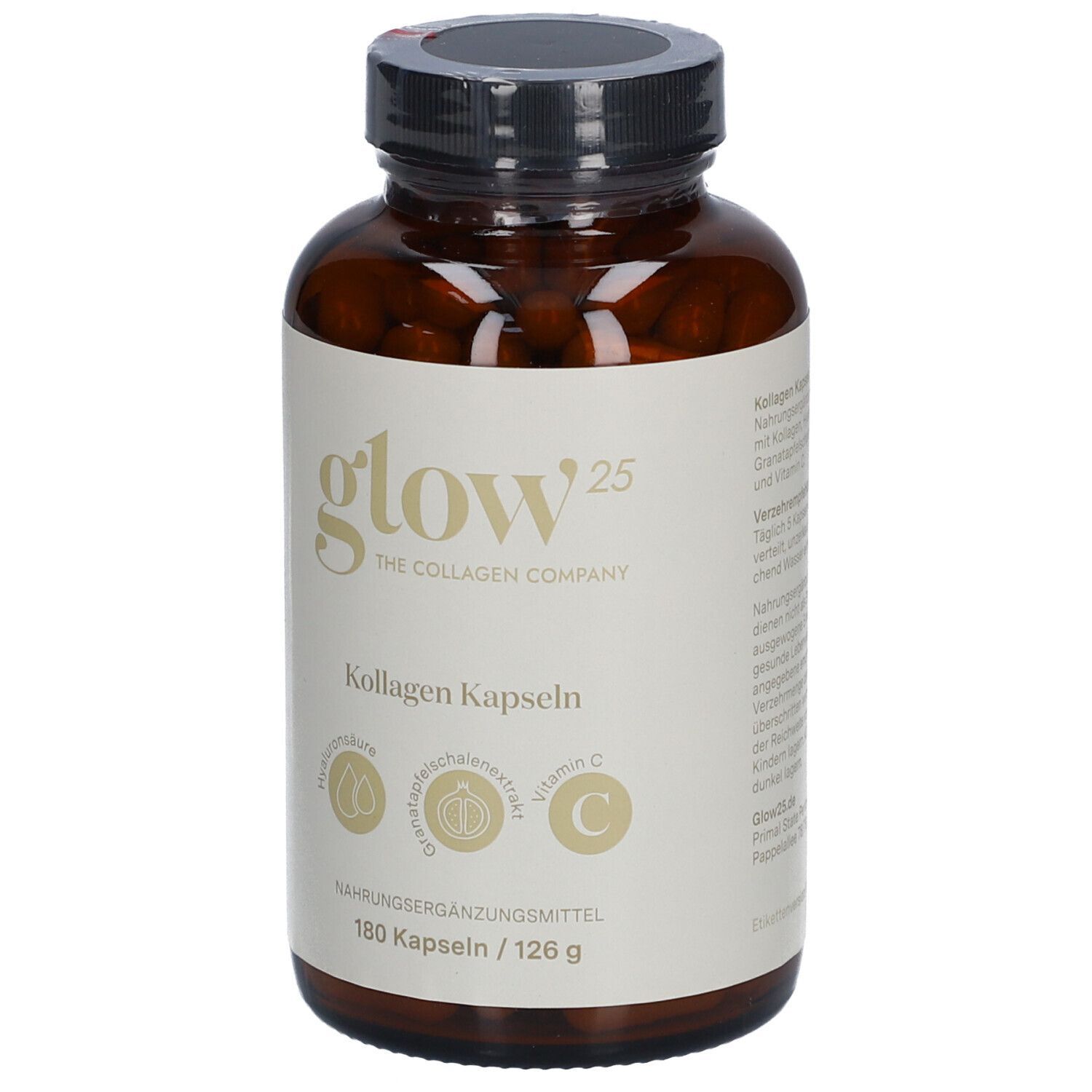 Braune Glasflasche mit schwarzen Deckel. Etikett mit Produktinformationen. Enthält 180 Kapseln. Marke: Glow25.