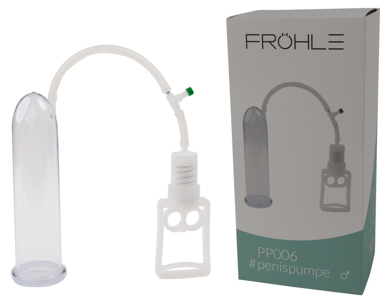 Penispumpe und Verpackung. Produktname und Logo sichtbar. Zylinder, Schlauch und Griff.
