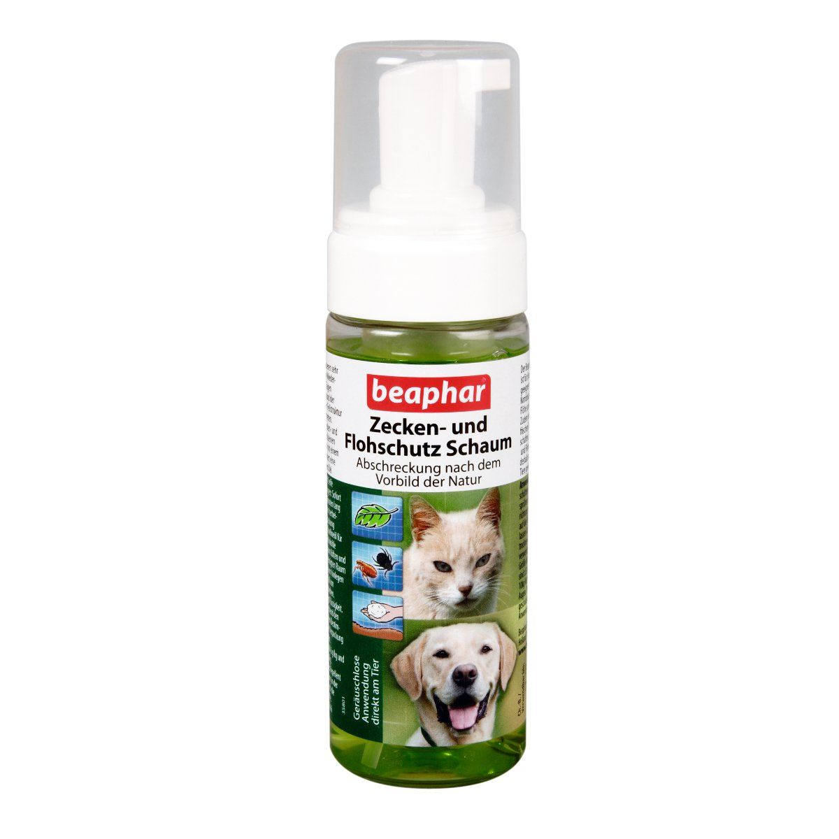 Beaphar Zecken- und Flohschutz Schaum. Flasche mit Sprühkopf. Etikett mit Produktnamen, Abbildungen von Katze und Hund.