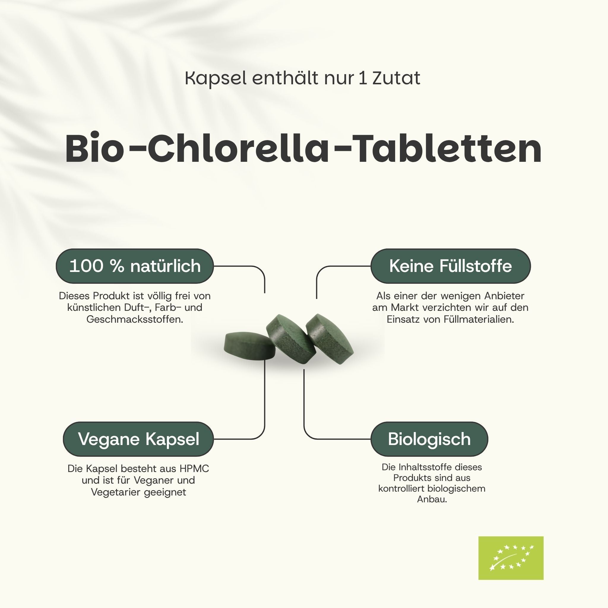 Brauner Beutel mit weißem Etikett. Text: Chlorella Organic Tablets, 300 Tabletten. Warum Chlorella? Reich an Nährstoffen.