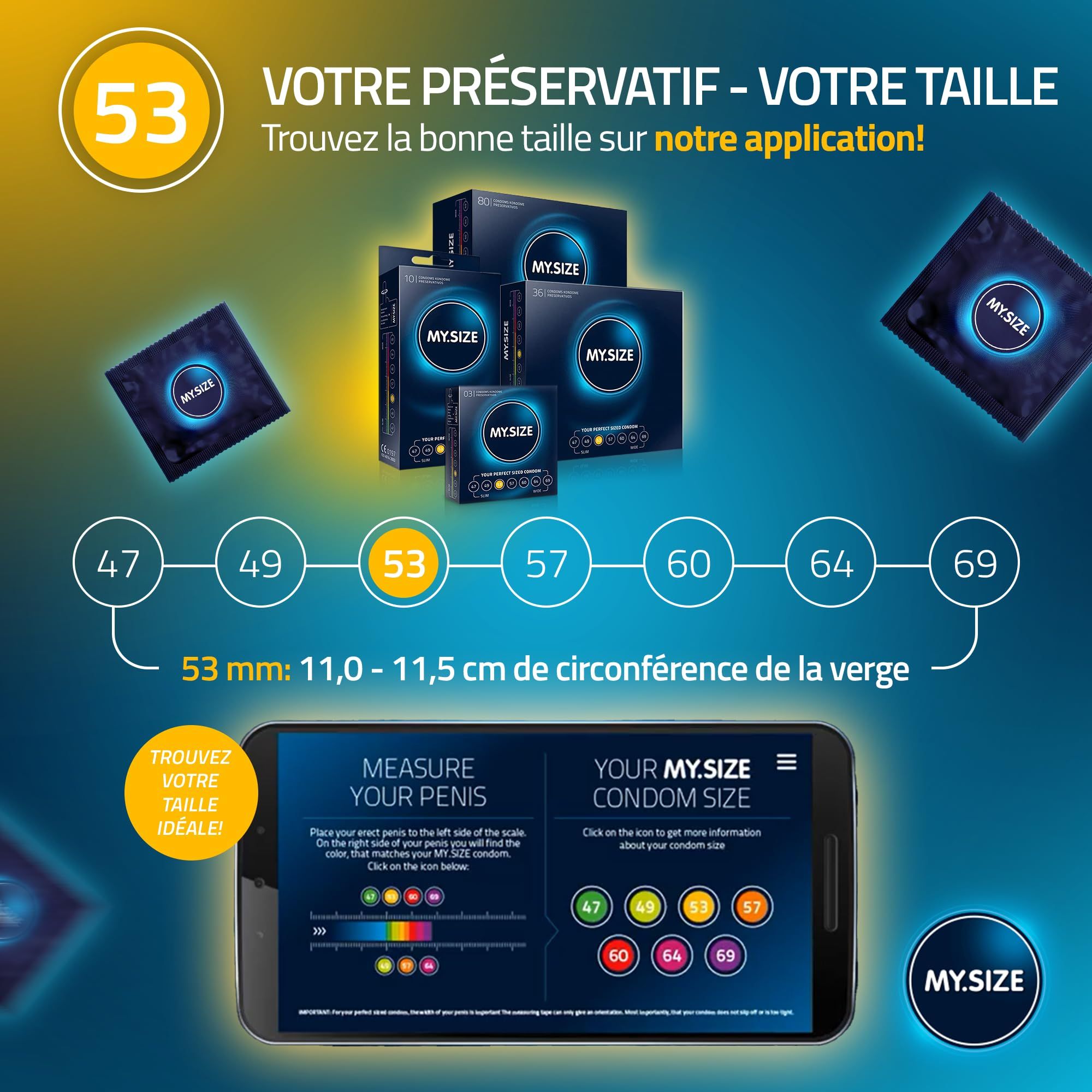Mehrere Kondompackungen und einzelne Kondome der Marke MY.SIZE in verschiedenen Größen (47-69). Eine Smartphone-App zur Größenbestimmung wird gezeigt.