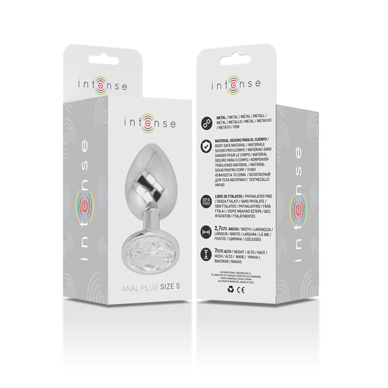 Verpackung mit Analplug. Marke Intense. Produktname und Größe angegeben. Enthält Informationen zu Materialien und Zertifizierungen.