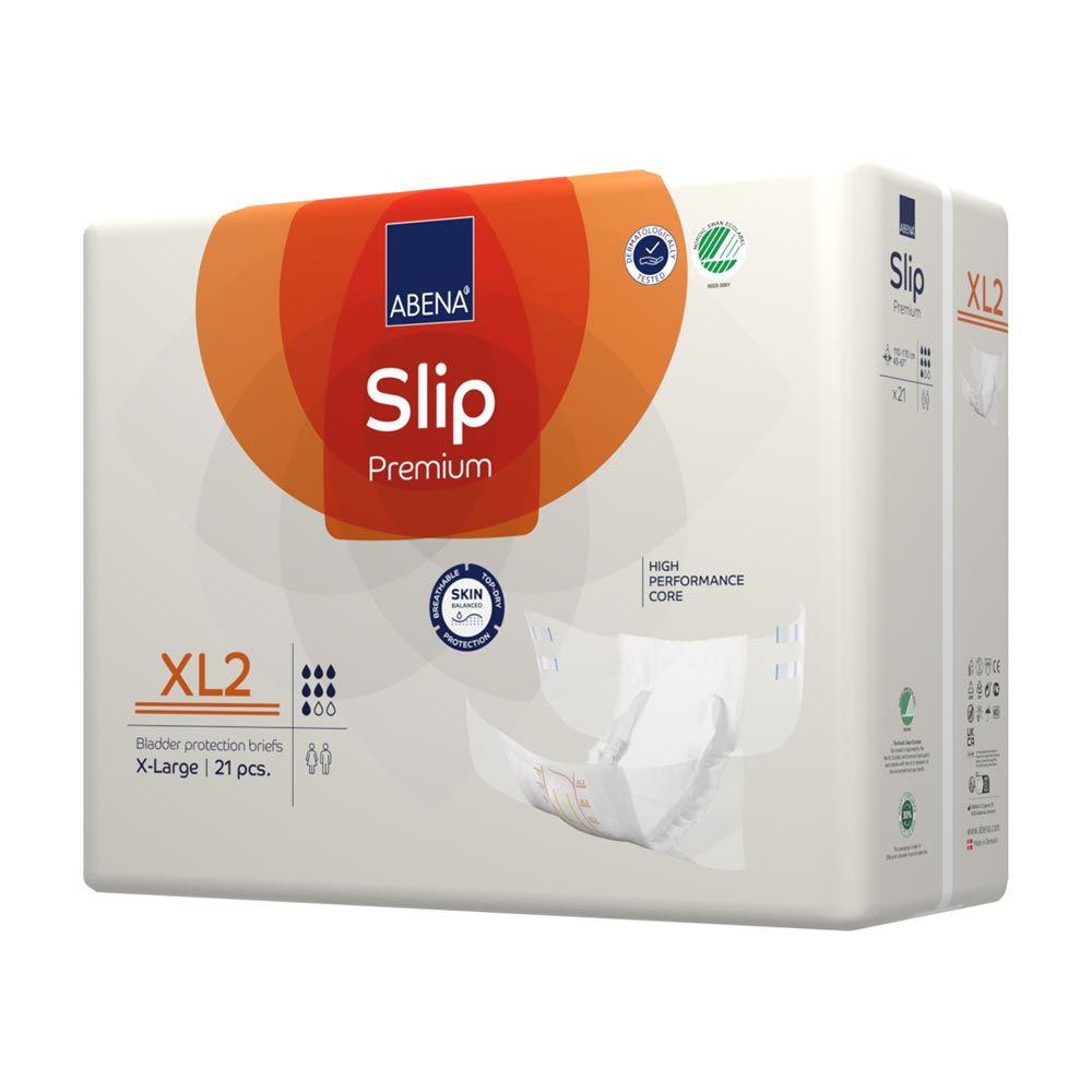 Verpackung ABENA Slip Premium XL2. Weiß mit orangefarbenem Bogen und Produktbezeichnung. XL2-Größe und Anzahl der Windeln angegeben. Zertifizierungen.