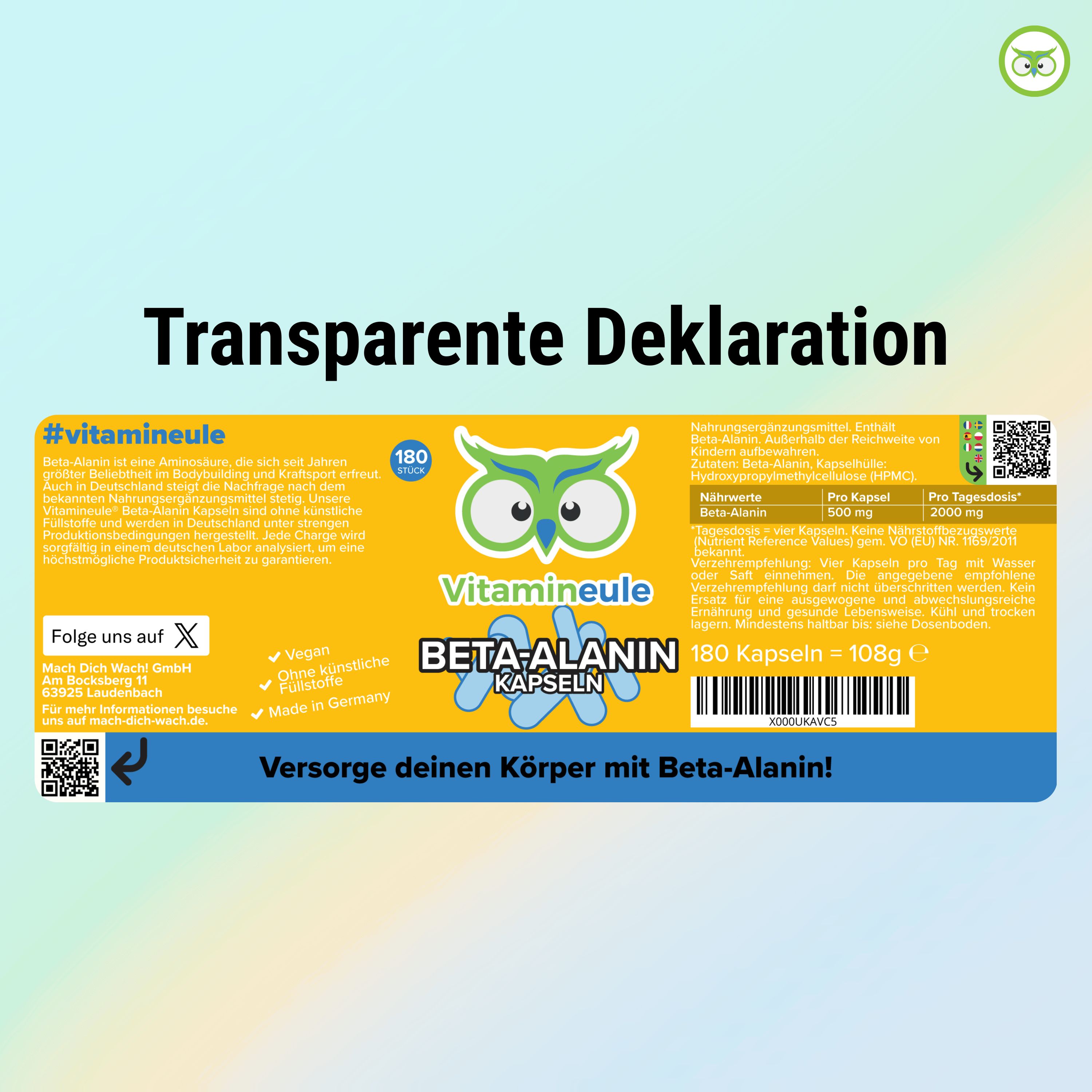 Etikett der Beta-Alanin Kapseln. Marke: Vitamineule®. Enthält Informationen zu Inhaltsstoffen und Nährwerten.