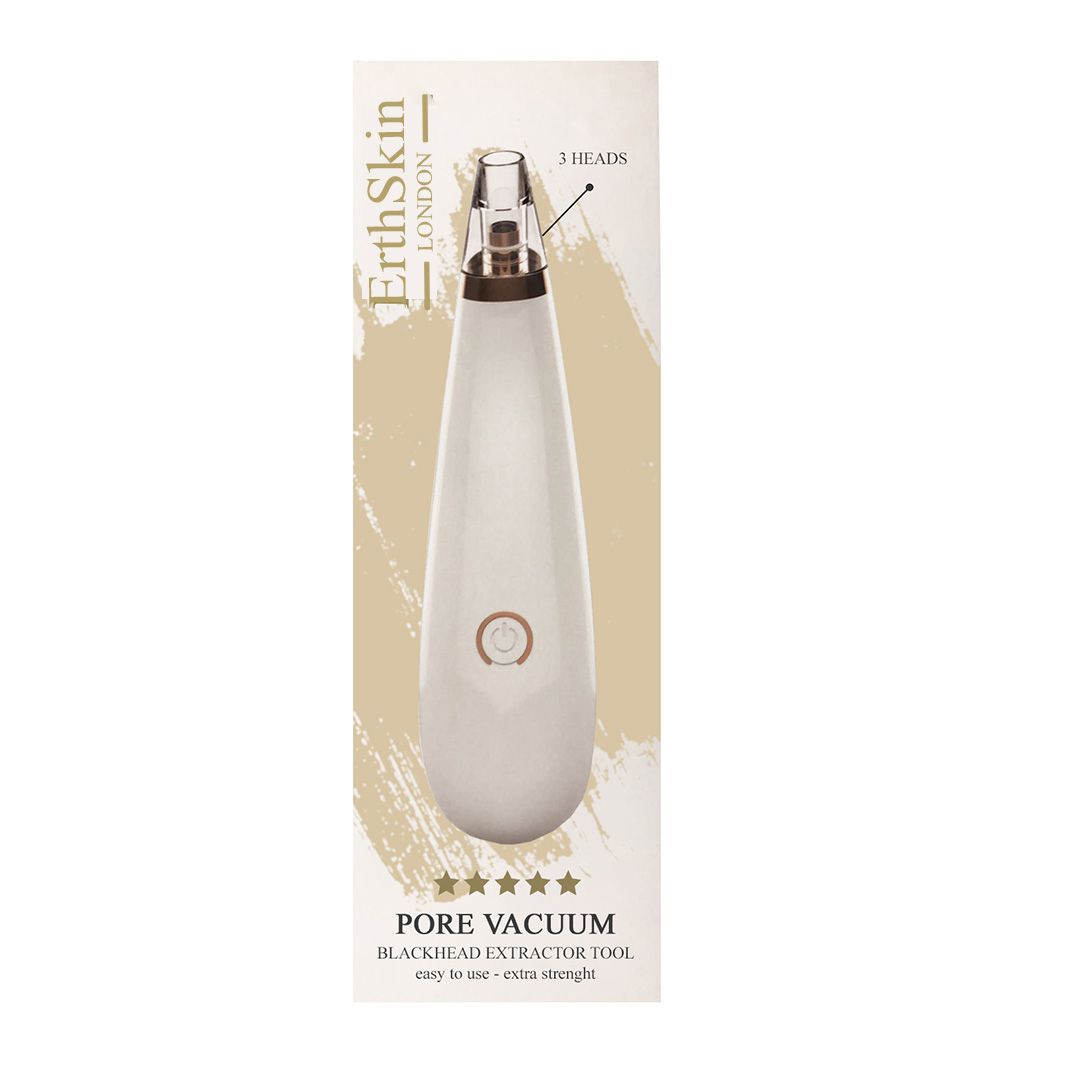 Weißes ErthSkin London Pore Vacuum auf Verpackung. Aufschrift: Pore Vacuum, Blackhead Extractor Tool, 3 Aufsätze.