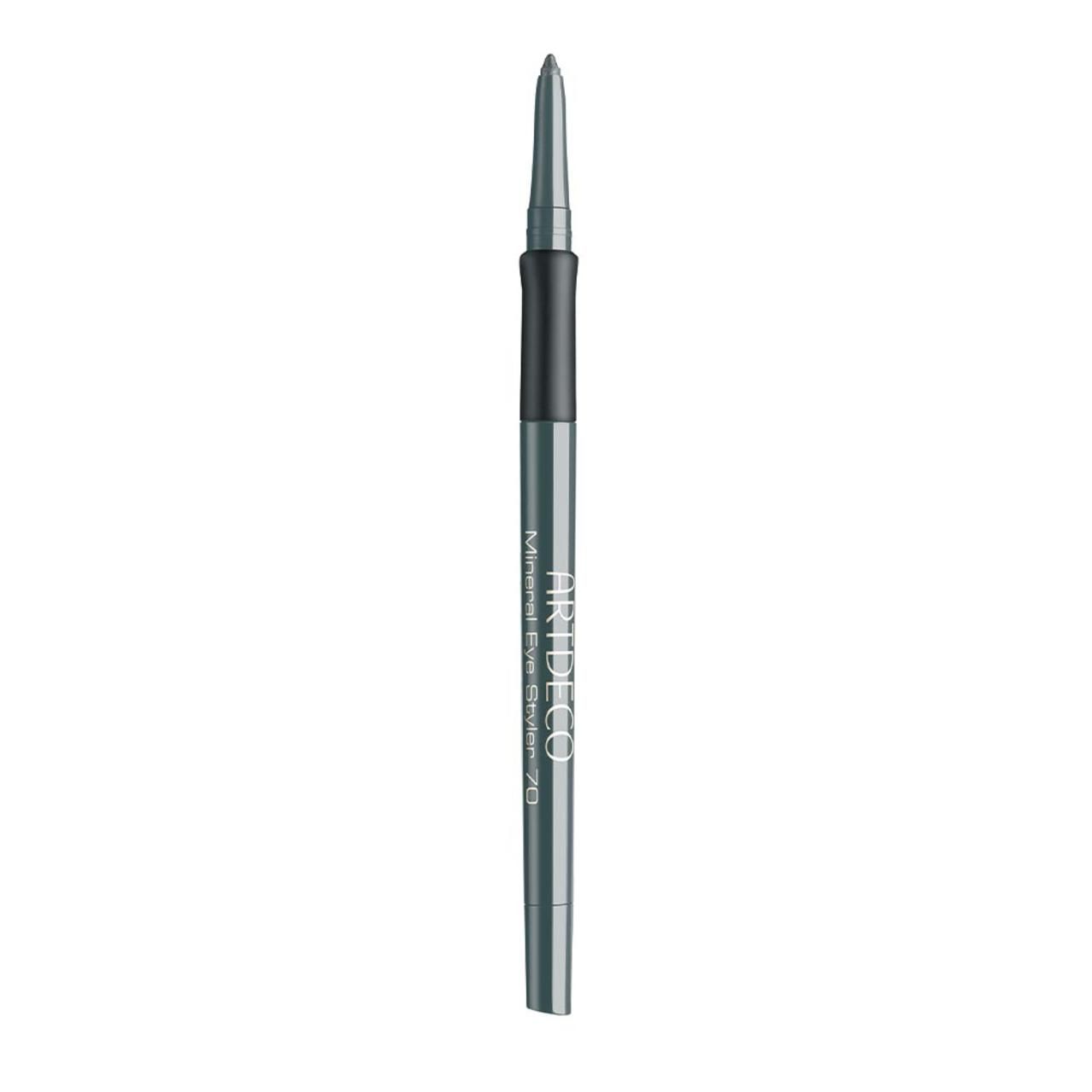 Artdeco Mineral Eye Styler. Grauer Stift mit schwarzem Griff. Spitze nach oben gerichtet. Produktname und Marke auf dem Stift.