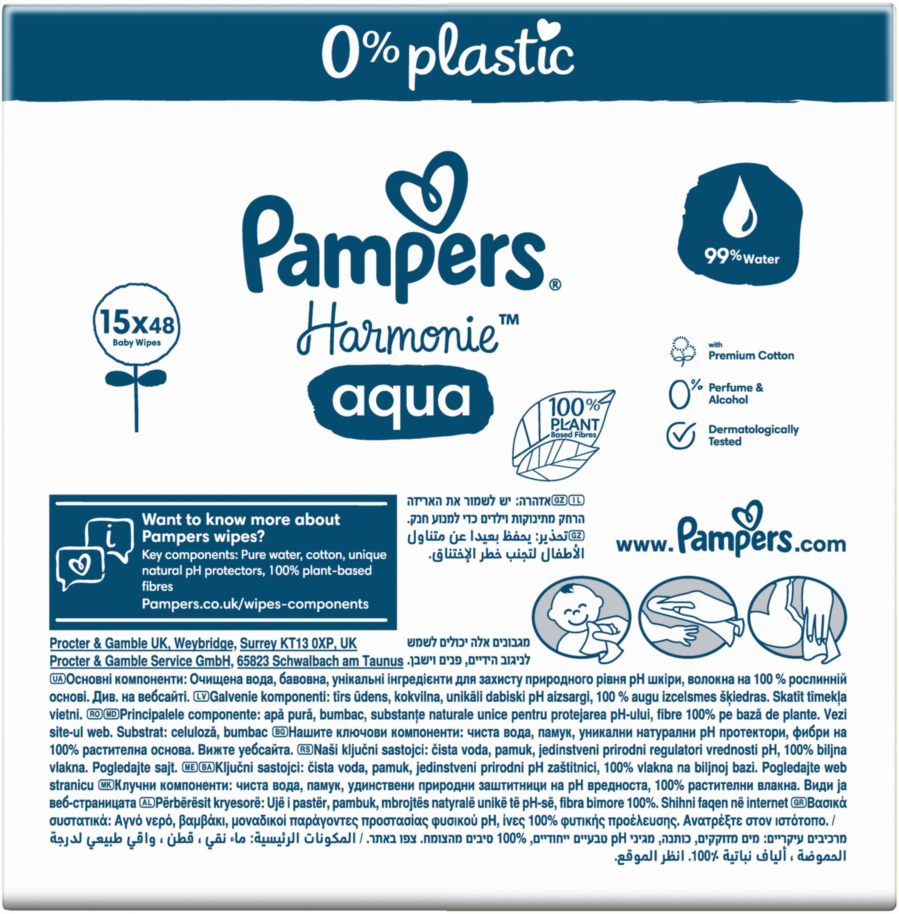 Pampers Harmonie Aqua Feuchttücher Rückseite mit Inhaltsstoffen und Anwendungshinweisen.