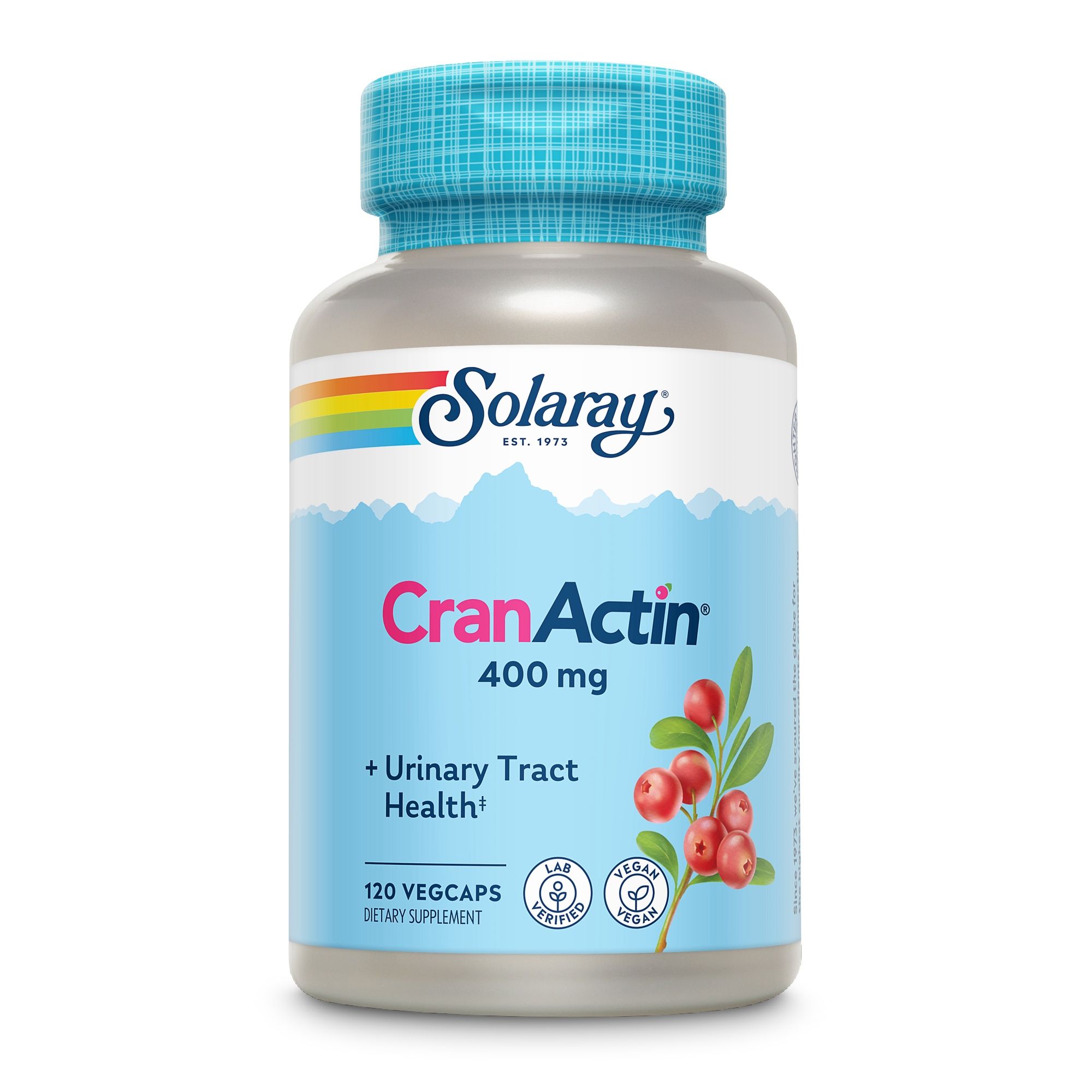 Solaray CranActin 400 mg Flasche. 120 Vegcaps. Aufschrift: Urinary Tract Health. Vegan- und Laborzertifizierungen.