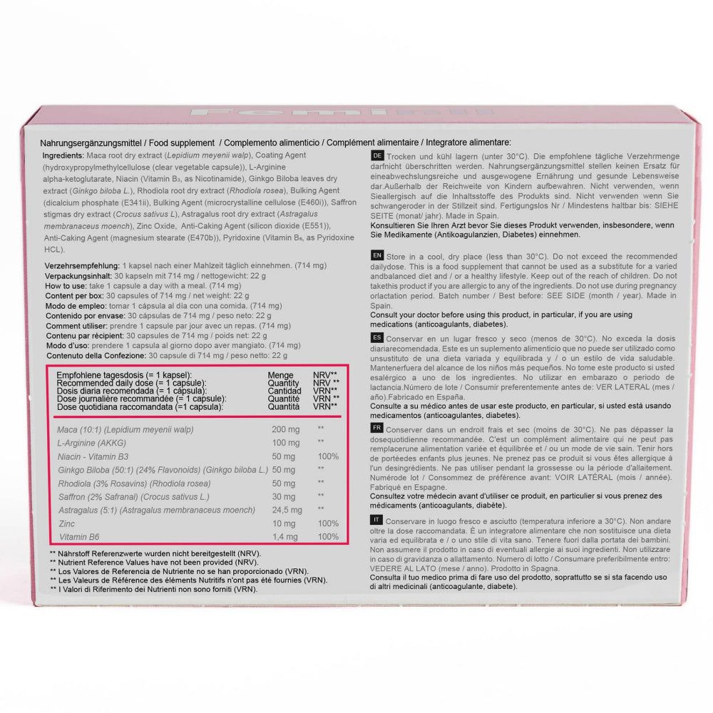 Rückseite einer Verpackung mit Inhaltsstoffangaben und Nährwerttabelle. Text in mehreren Sprachen.