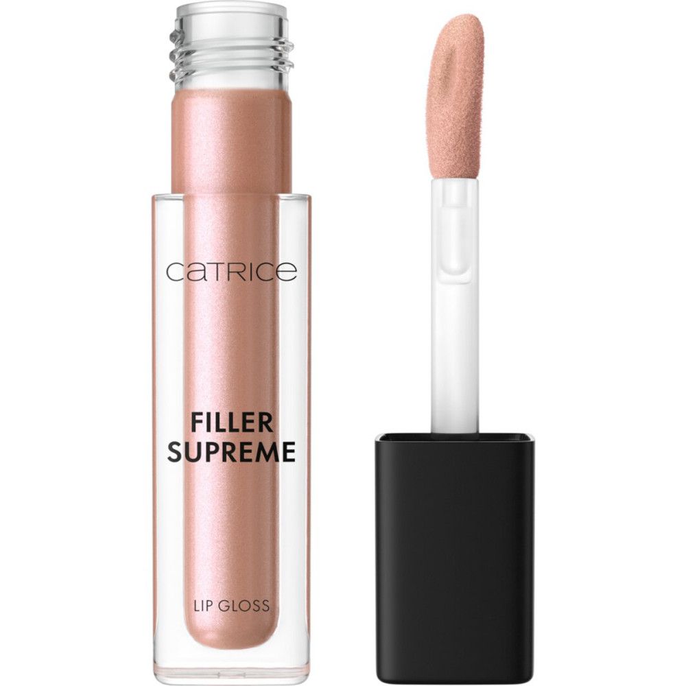 Lipgloss-Flakon mit Applikator. Flakon mit rosa Inhalt. Schwarzer Deckel. Applikator mit rosa Spitze.