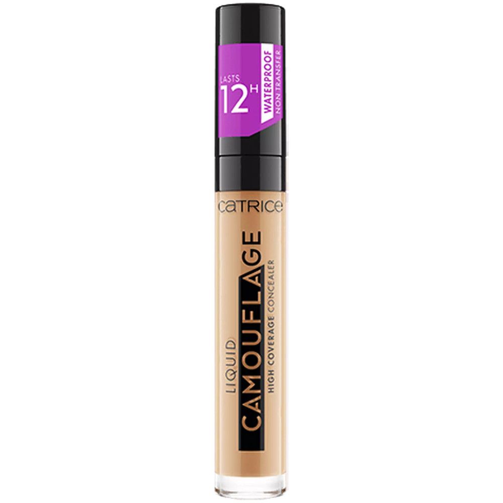 Catrice Camouflage Concealer. Beige Flüssig-Concealer in Tube. Schwarzer Deckel mit lila Aufkleber. Text: Waterproof, Non-Transfer, 12H.